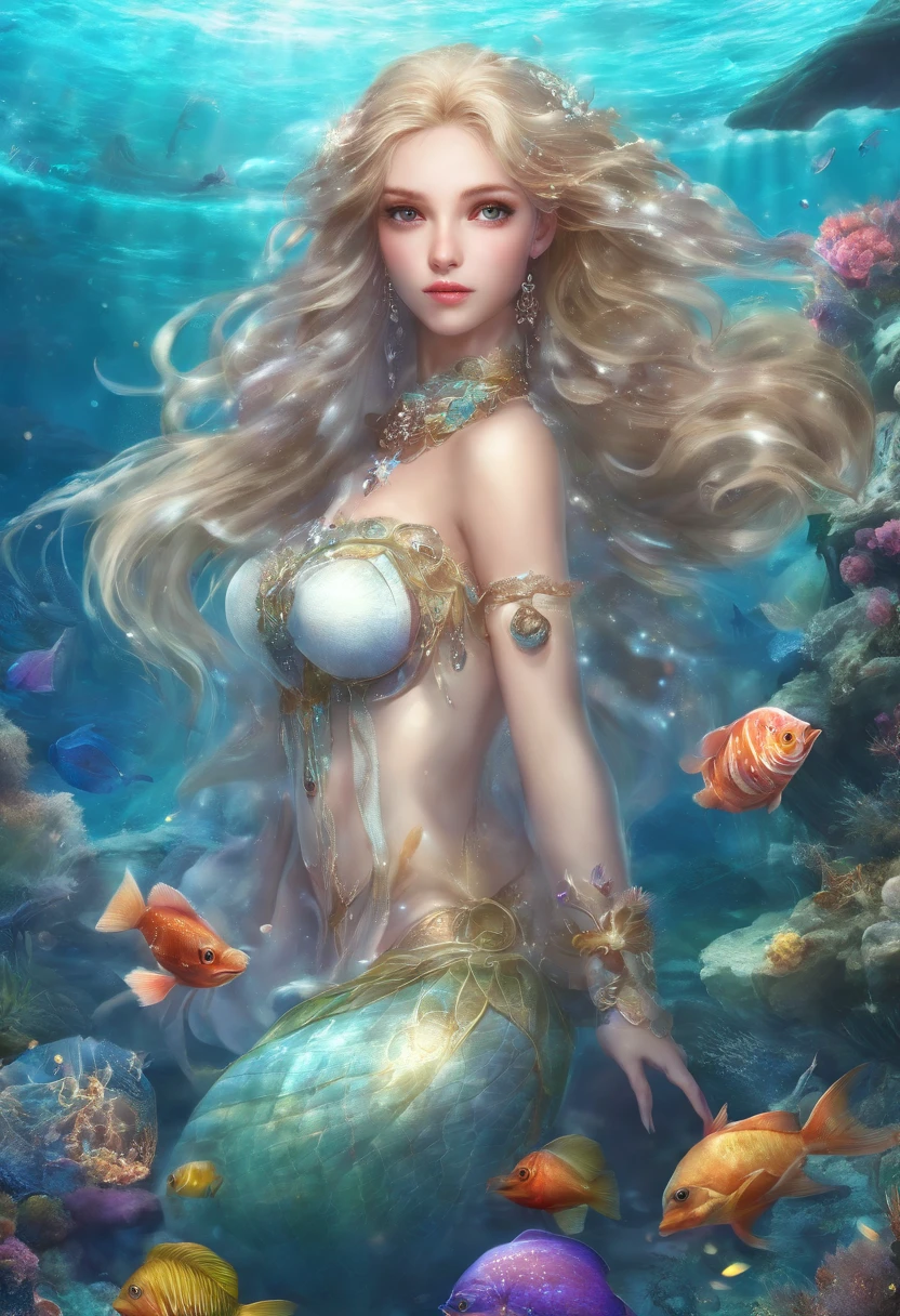 A beautiful mermaid swimming in the under of sea,her eyes is very beautiful she wearing pearl necklace and pearl earrings her hair is very long and golden colour her nude boobs looking so big and sexy