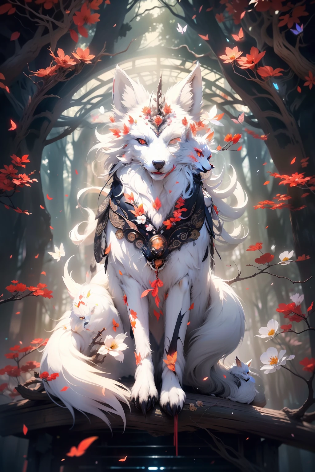 The white nine-tailed fox sits on a branch，White hair all over，Nine tails，The branches have flowers，There are butterflies，A mystical environment，Intricately Hyper detailing, Background of the night, 32K, HD, unity, High resolution, best quality, masterpiece , wallpaper, masterpiece —chaos 45 —s1000