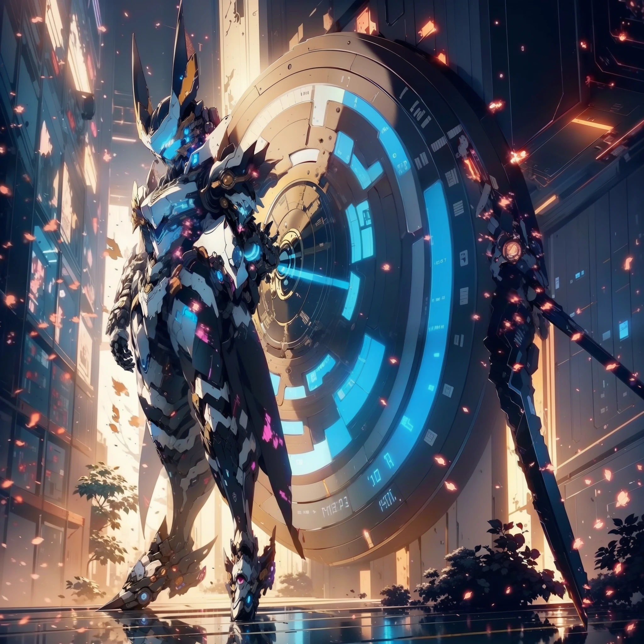 anime character with a clock in the background, best anime 4k konachan wallpaper, warframe art, detailed key anime art, exquisite warframe fanart, 8k hd wallpaperjpeg artifact, 8 k hd wallpaperjpeg artifact, anime epic artwork, high detailed official artwork, anime mecha aesthetic, covered in full silver armor, detailed warframe fanart