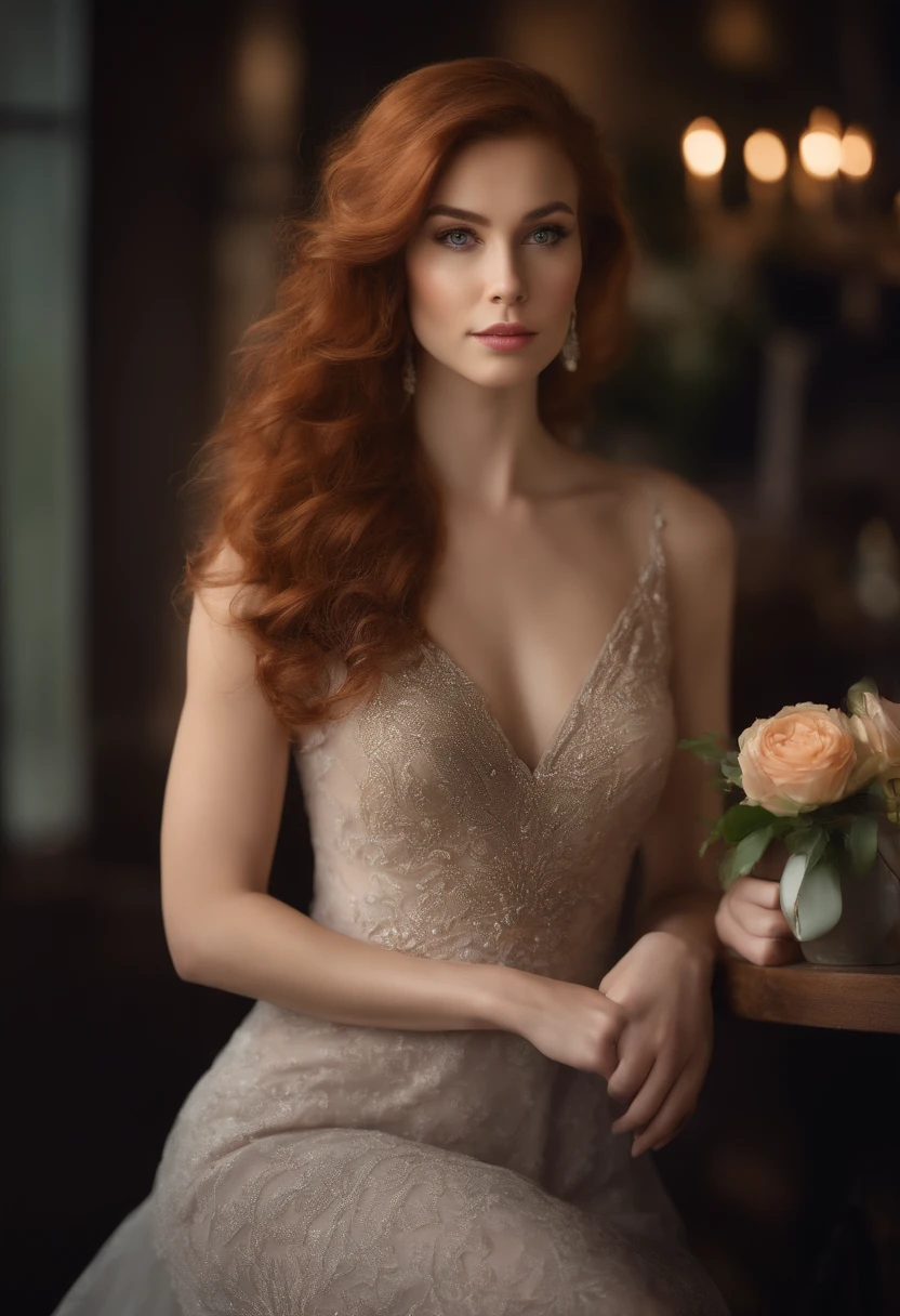 Realistic portrait, young woman, photo session, photographic studio, cinematic lighting, American portrait, vertical, professional camera, low-cut dress, dress with flowers, detailed image, redhead, soft makeup, coffee shop, high-definition image, ultra-high quality, Enhance skin texture for a natural and lifelike appearance, Add intricate details to the eyes, highlighting iris colors and reflections, Specify the desired level of skin retouching or airbrushing for a flawless yet natural look
