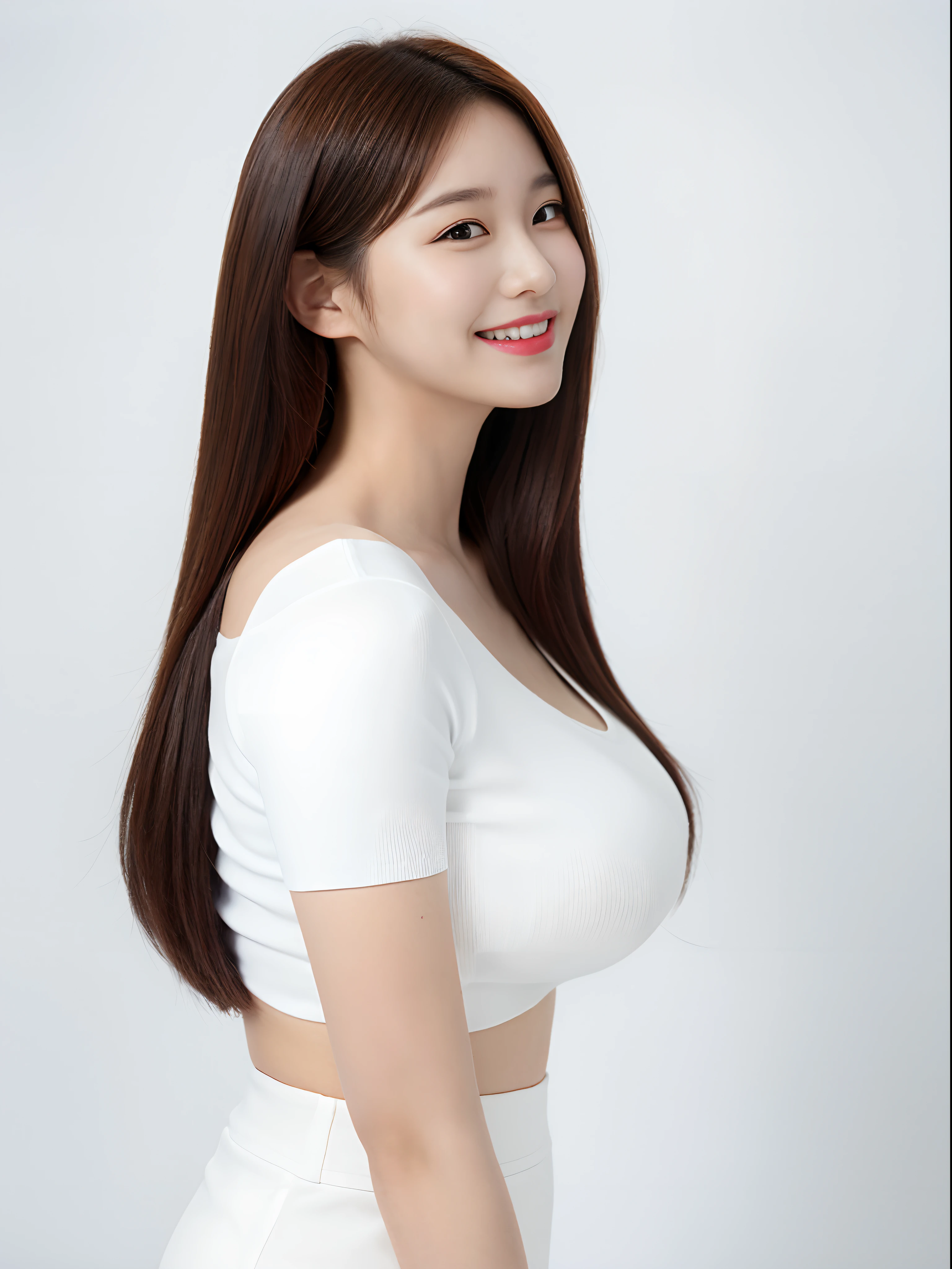 Best quality at best, masterpiece, 1Girl, beautifull face, (Photo Photorealistic:1.3), rim lighting, (High-detail skins:1.2), 8K UHD, DSLR, highs quality, high resolucion, 8K, Bokeh, absurderes, Best Ratio Four Fingers and One Thumb, (realisitic: 1.3), cute 1girl, white tea, mediuml breasts, short skirts, ((White background)), ((profile photo)), Smiling faces, Korean Idol Makeover