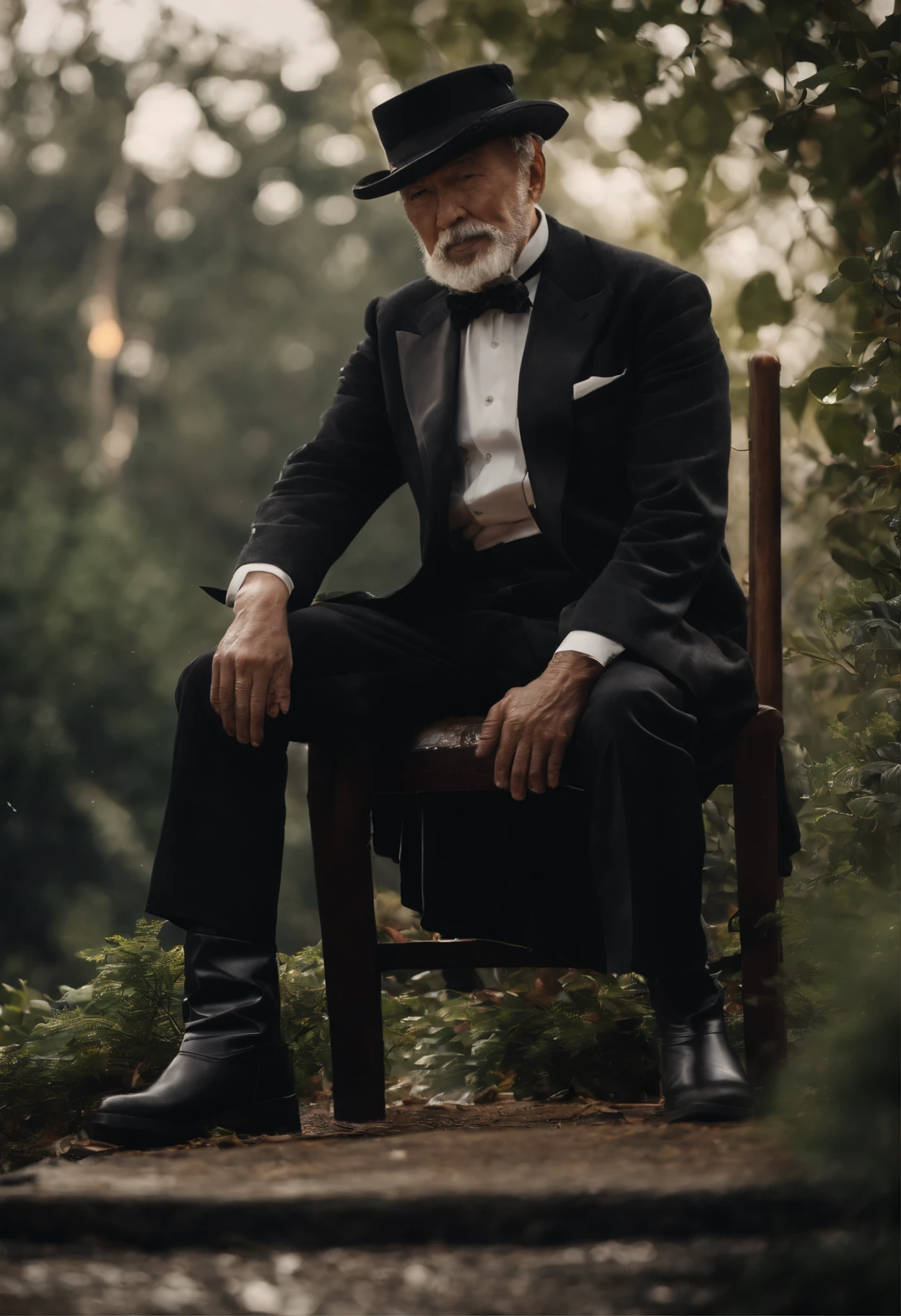 Old gentleman with a goatee,sit on chair,Eyes look at boots,Black high-gloss rain boots, 8K分辨率,Wallpaper masterpiece,Best quality,Highly meticulous,Ultra high quality,The midday sun is a bit dazzling。