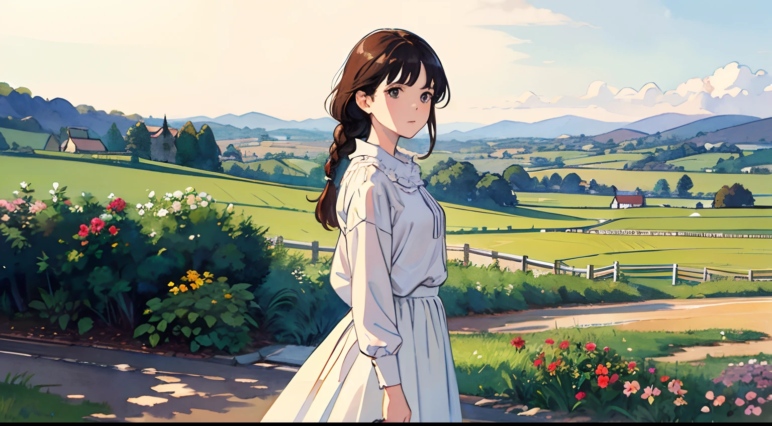 (Watercolor in Sargent style)、(top-quality、masterpiece)、Soft light、View of the Cotswolds,Old farmhouse、rivulets、flower bloom、One lady、dark brown hair、Braided hair、White blouse and long skirt、picnic、Standing on a hill、blown by the wind、
