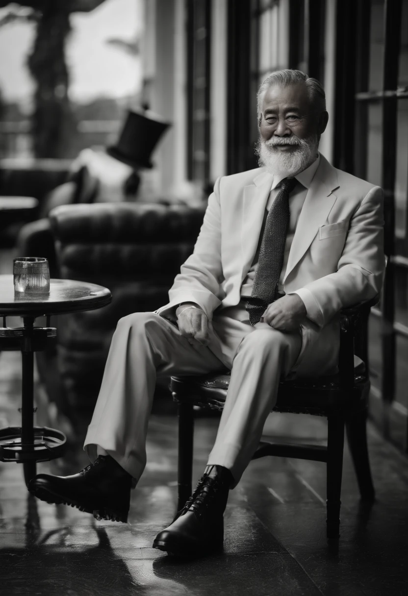 Old gentleman with a goatee,sit on chair,Black high-gloss rain boots, 8K分辨率,Wallpaper masterpiece,Best quality,Highly meticulous,Ultra high quality,The midday sun is a bit dazzling。
