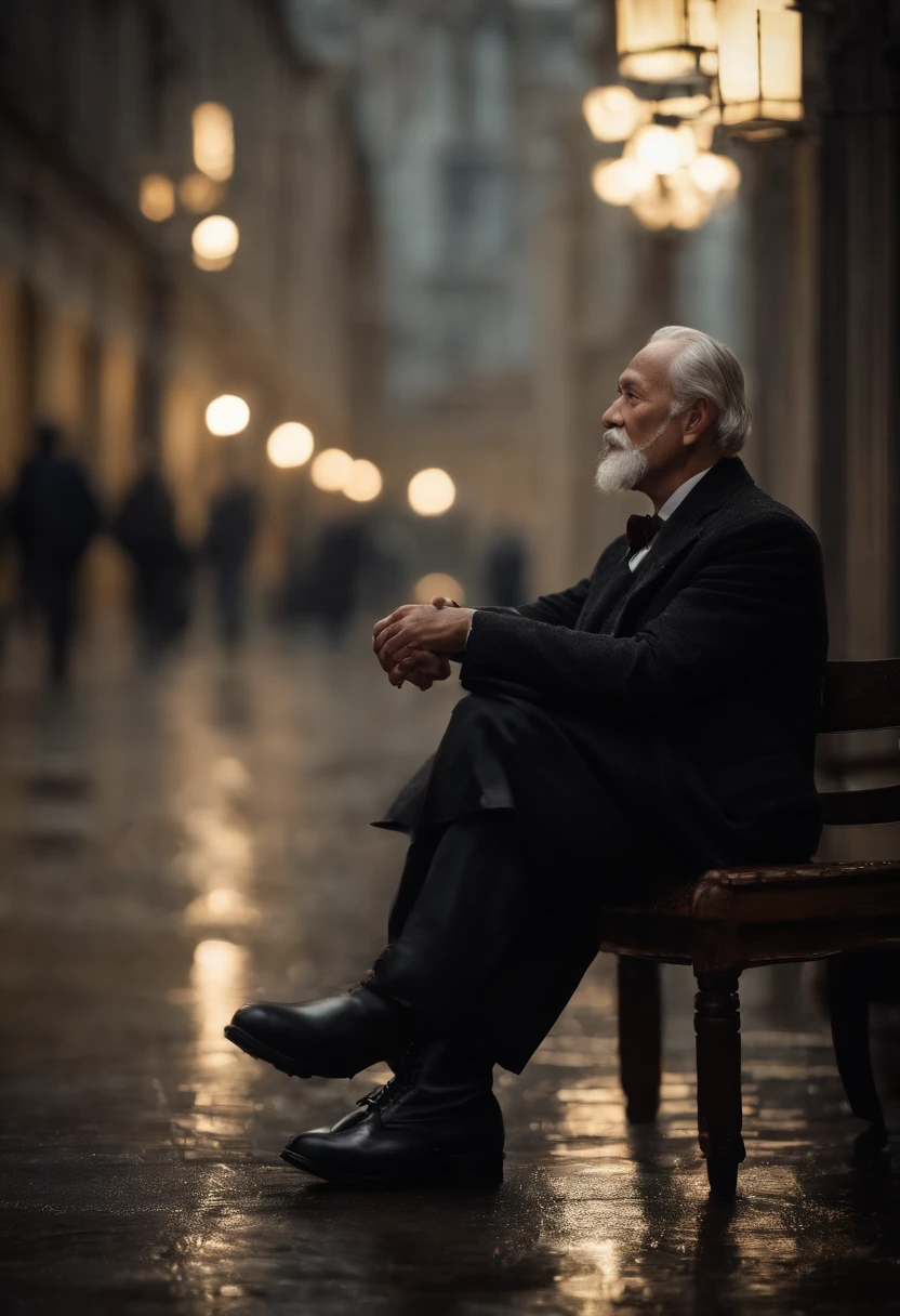 Old gentleman with a goatee,sit on chair,Black high-gloss rain boots, 8K分辨率,Wallpaper masterpiece,Best quality,Highly meticulous,Ultra high quality,The midday sun is a bit dazzling。