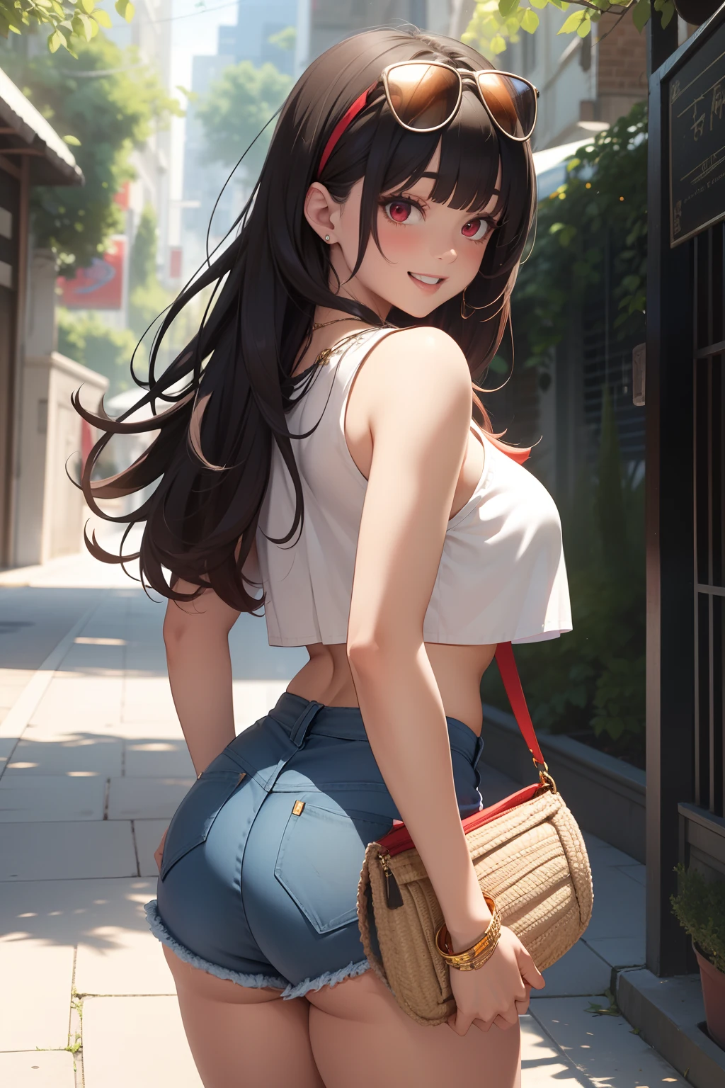 (masterpiece, best quality, ultra-detailed, 8k, wallpaper, photorealistic), (wide shot, from behind), beautiful girl, voluptuous body, perfect hands, (hmjy1), long hair, (blunt bangs), red eyes, psycho smile, excited smile, open mouth, erotic face, red face, bloodthirsty smile, (wear High-Waisted Denim Shorts, Crop Top), Espadrille Wedges, Layered Necklaces, Crossbody Bag, Sunglasses on her head