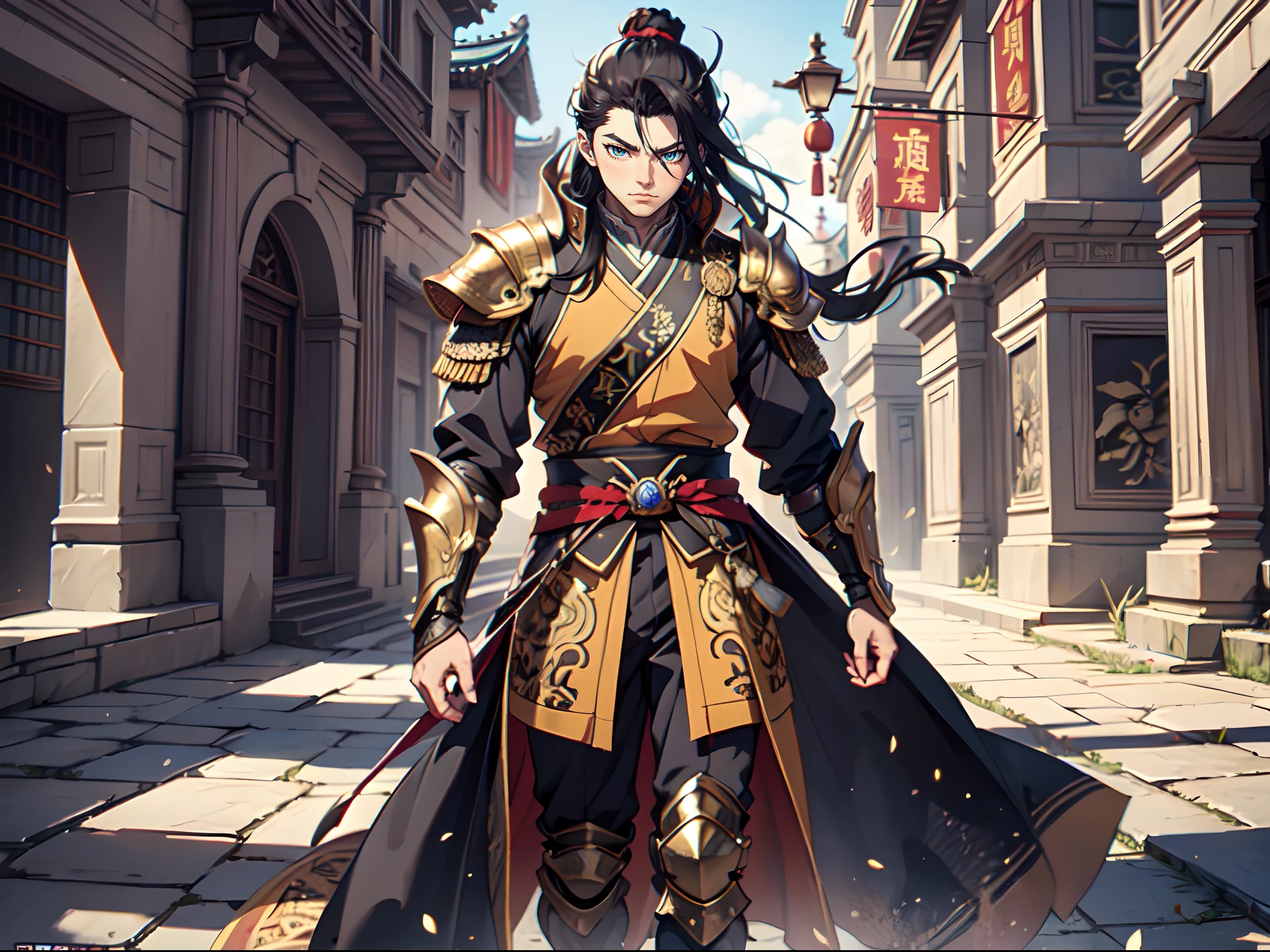 Ultra High Definition, Ultra High Quality, Extremely Detailed, Perfectly Detailed, Masterpiece, 8k, 1 Boy, Look A Like Xin From Kingdom Anime, Handsome, Armored With Chinese Emperor Armor, Black And Orange Pupil Eyes, Black Long Hair Tied, Full Body Shot, Ancient Kingdom Background