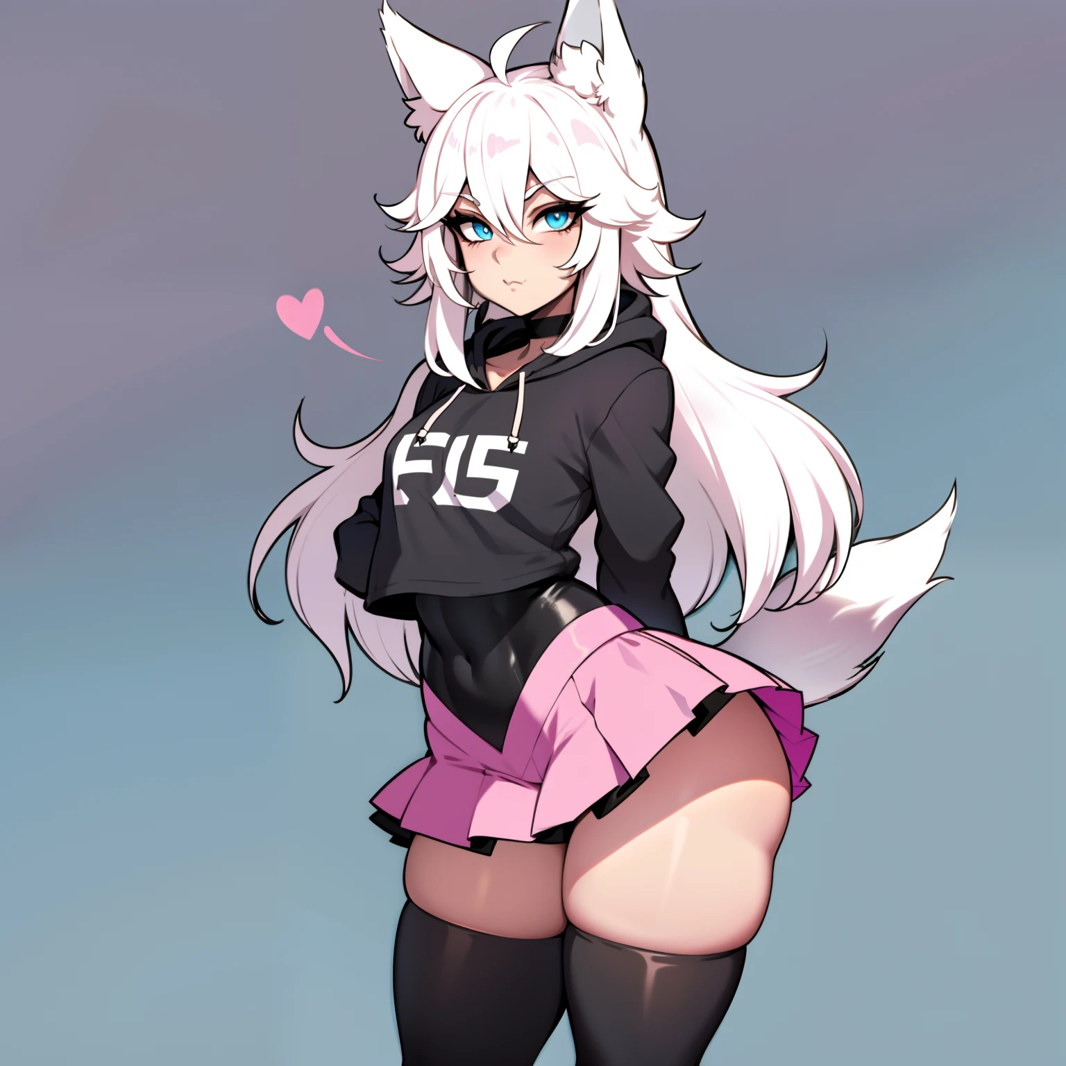 Single boy, Anime Femboy, Short, Long white hair, wolf ears, wolf tail, blue eyes, wearing cute pink skirt, thigh high socks, black combat boots, wearing cropped black hoodie, flat chest, super flat chest, solo femboy, only one femboy ((FLAT CHEST)), wide hips, thicc thighs, happy, nice butt, lobo written on hoodie, crotch bulge (CROTCH BULGE),
