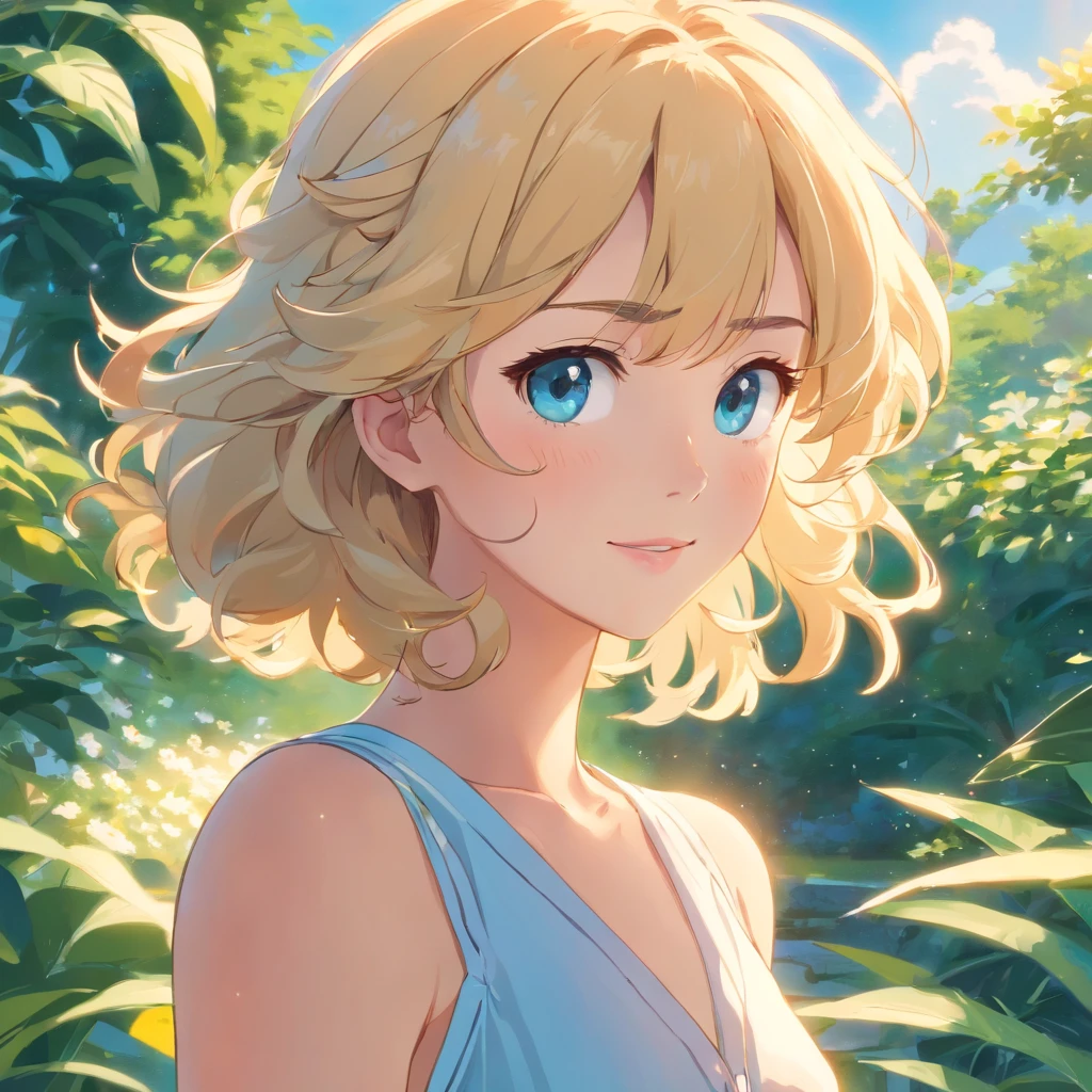 Sunny portrait of young woman with wavy blonde curly hair, sun-kissed skin, And lively blue eyes, Wearing a flowing white sundress, Put your hands on your hips and smile brightly, Upper body frame, Outside the beautiful gardens, Illuminated by soft natural light and bright sunlight, Shooting at eye level with an old-fashioned film camera, Delicate soft colors and subtle dreamy glow added to post-production, Wes Anderson's Summer Lifestyle Photography Style.