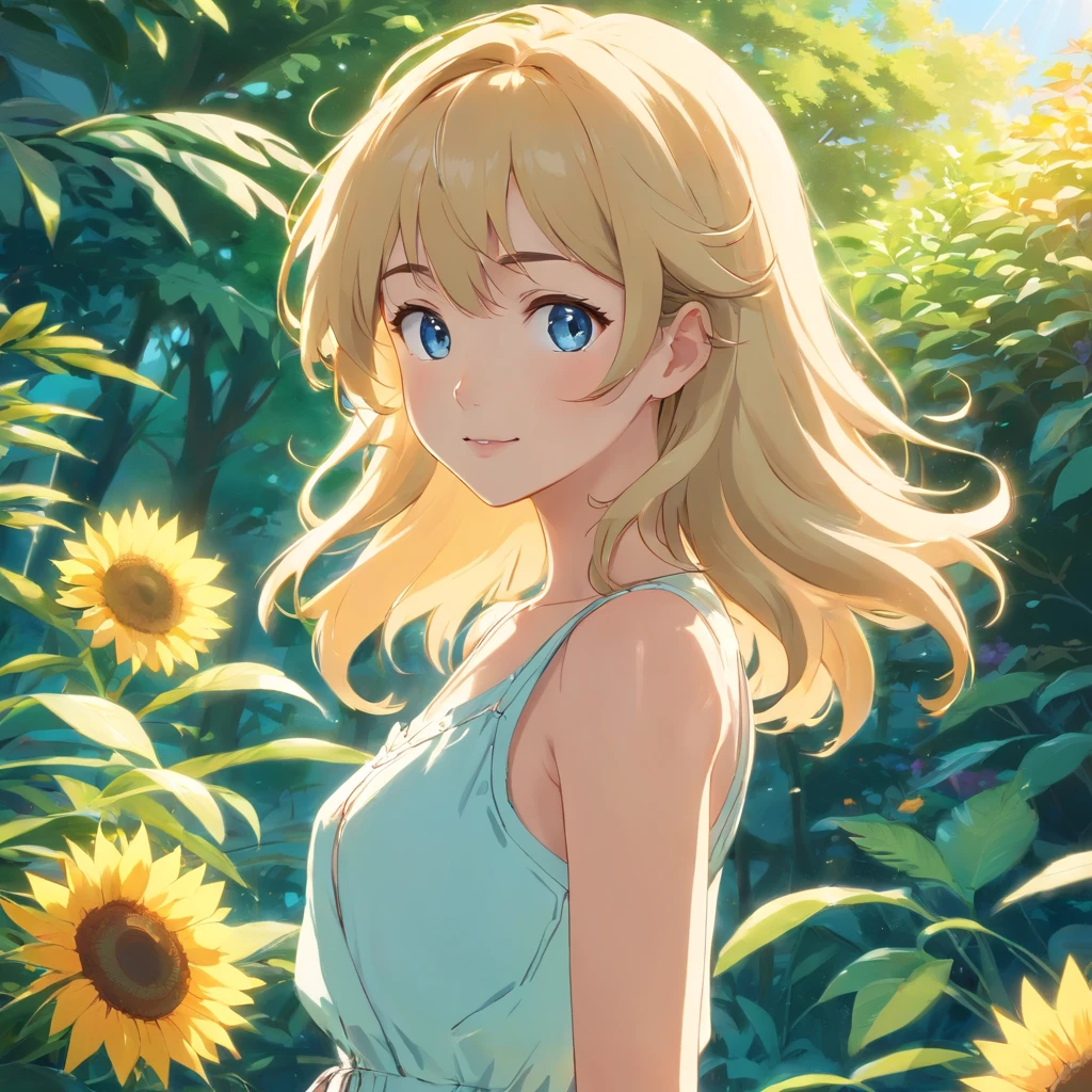 Sunny portrait of young woman with wavy blonde curly hair, sun-kissed skin, And lively blue eyes, Wearing a flowing white sundress, Put your hands on your hips and smile brightly, Upper body frame, Outside the beautiful gardens, Illuminated by soft natural light and bright sunlight, Shooting at eye level with an old-fashioned film camera, Delicate soft colors and subtle dreamy glow added to post-production, Wes Anderson's Summer Lifestyle Photography Style.