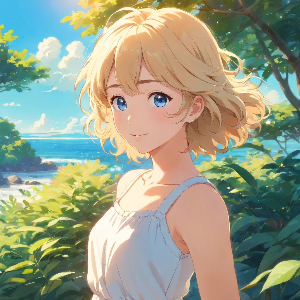 Sunny portrait of young woman with wavy blonde curly hair, sun-kissed skin, And lively blue eyes, Wearing a flowing white sundress, Put your hands on your hips and smile brightly, Upper body frame, Outside the beautiful gardens, Illuminated by soft natural light and bright sunlight, Shooting at eye level with an old-fashioned film camera, Delicate soft colors and subtle dreamy glow added to post-production, Wes Anderson's Summer Lifestyle Photography Style.