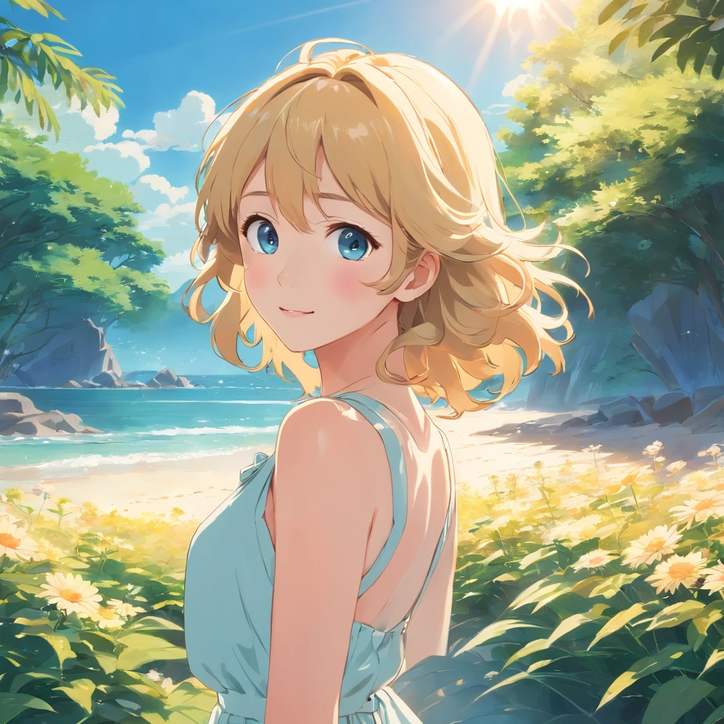 Sunny portrait of young woman with wavy blonde curly hair, sun-kissed skin, And lively blue eyes, Wearing a flowing white ????????, Put your hands on your hips and smile brightly, Upper body frame, Outside the beautiful gardens, Illuminated by soft natural light and bright sunlight, Shooting at eye level with an old-fashioned film camera, Delicate soft colors and subtle dreamy glow added to post-production, Wes Anderson's Summer Lifestyle Photography Style.