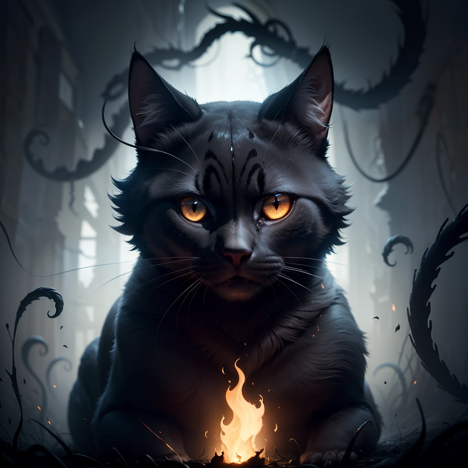 High Frequency: 1.8, Rich Detail, Masterpiece, 8K, a black cat with glowing white eyes and etheral black tendrils hisses menacingly, horror, unnerving, psychic powers, dark aura, haunting atmosphere, psychological terror, forboding atmosphere background