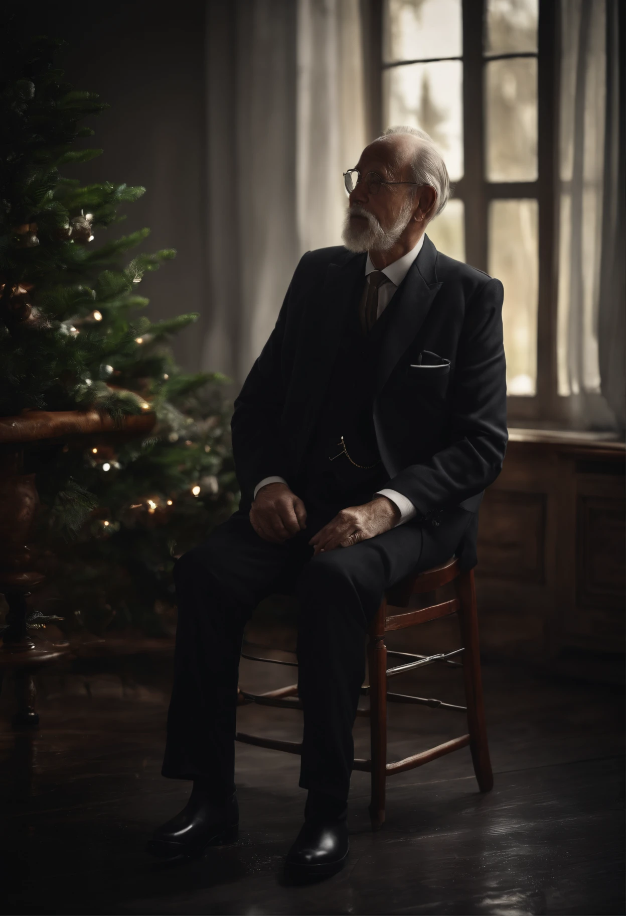 Old gentleman with a goatee,sit on chair,Black high-gloss rain boots, 8K分辨率,Wallpaper masterpiece,Best quality,Highly meticulous,Ultra high quality,The midday sun is a bit dazzling。