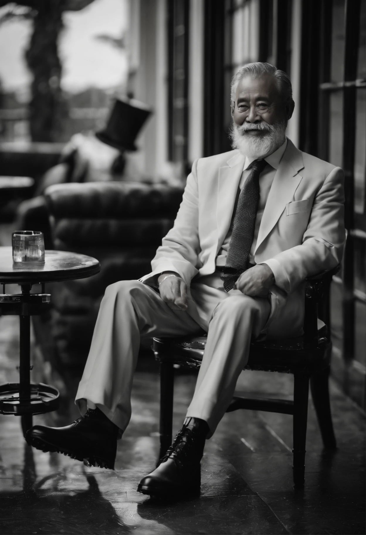 Old gentleman with a goatee,sit on chair,Black high-gloss rain boots, 8K分辨率,Wallpaper masterpiece,Best quality,Highly meticulous,Ultra high quality,The midday sun is a bit dazzling。