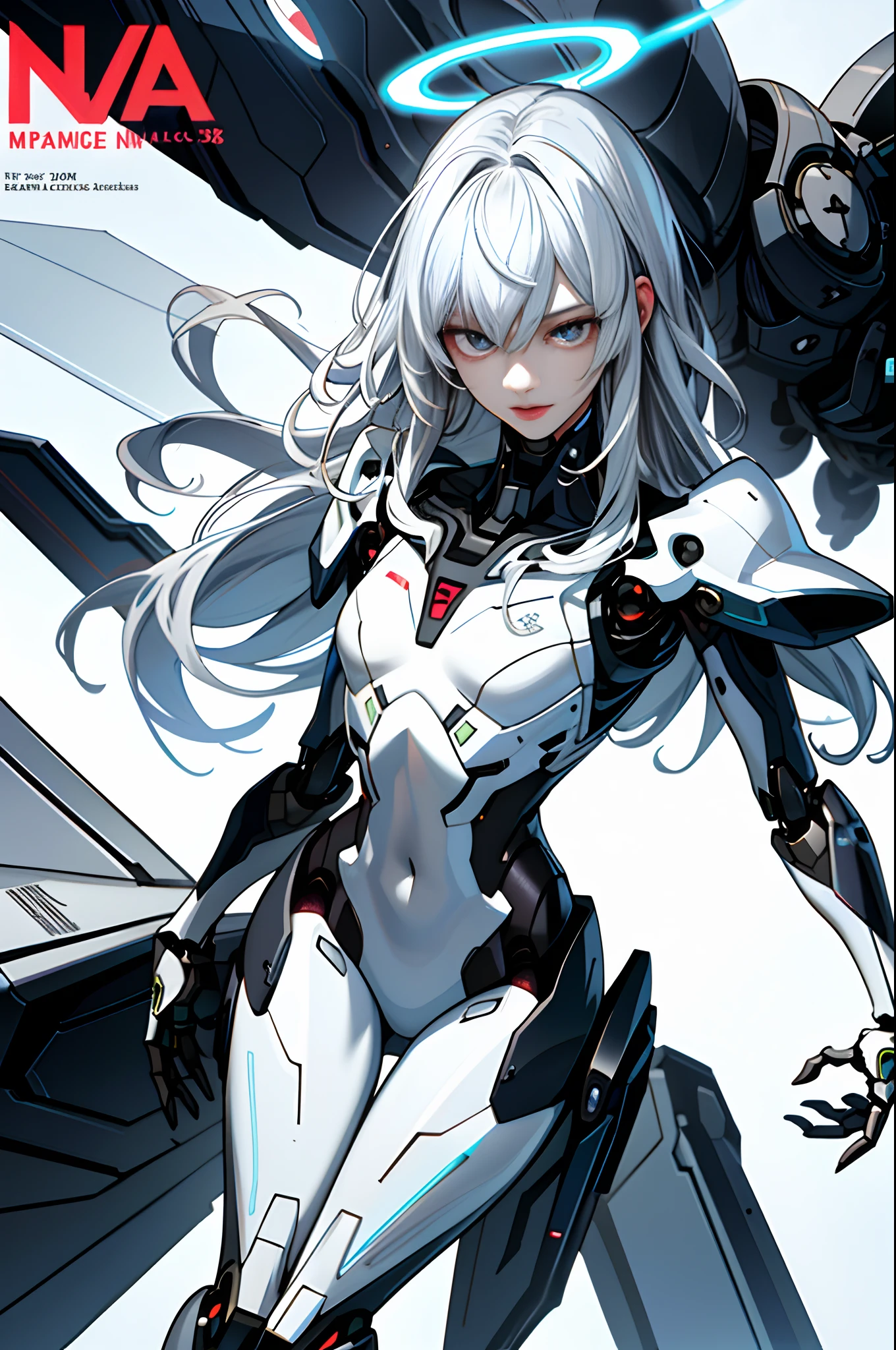 (magazine cover:1.3),ulzzang-6500, (realistic: 1.3) (original: 1.2), masterpiece, best quality, beautiful clean face, fullbody, ((robot girl, mecha)), broken armor, mechanical halo, mechanical arms, white hair, long hair, ceramic body, thigh gap, small breast, cyber background, extreme detailed city, (translucent body, reflection skin), 8k, best quality, ultra detailed, (hyperrealistic:1.4),