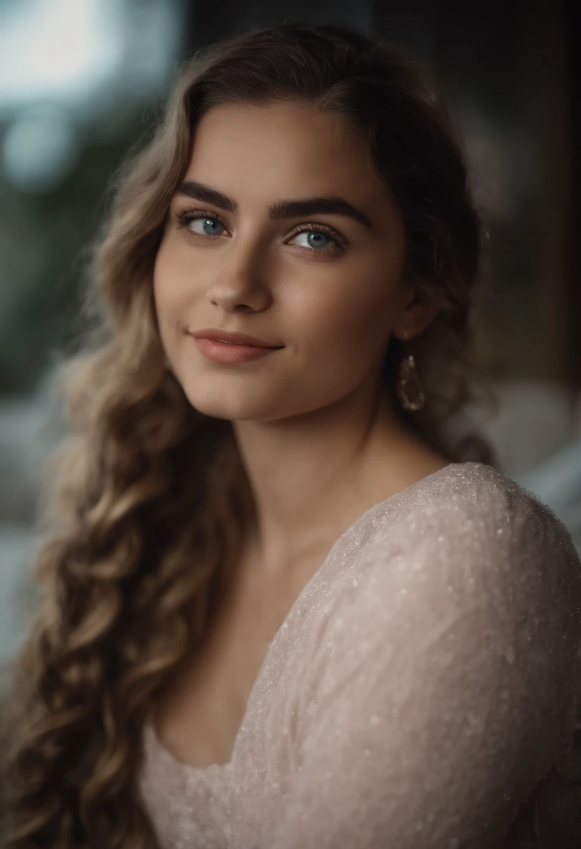 1 menina, 21 anos, Petite, parte superior do corpo, Cabelo preto escuro, 2 braids, enormes olhos azuis, cuddly toy in your arms, fofo, Feliz, sala de ovelha cor-de-rosa como fundo