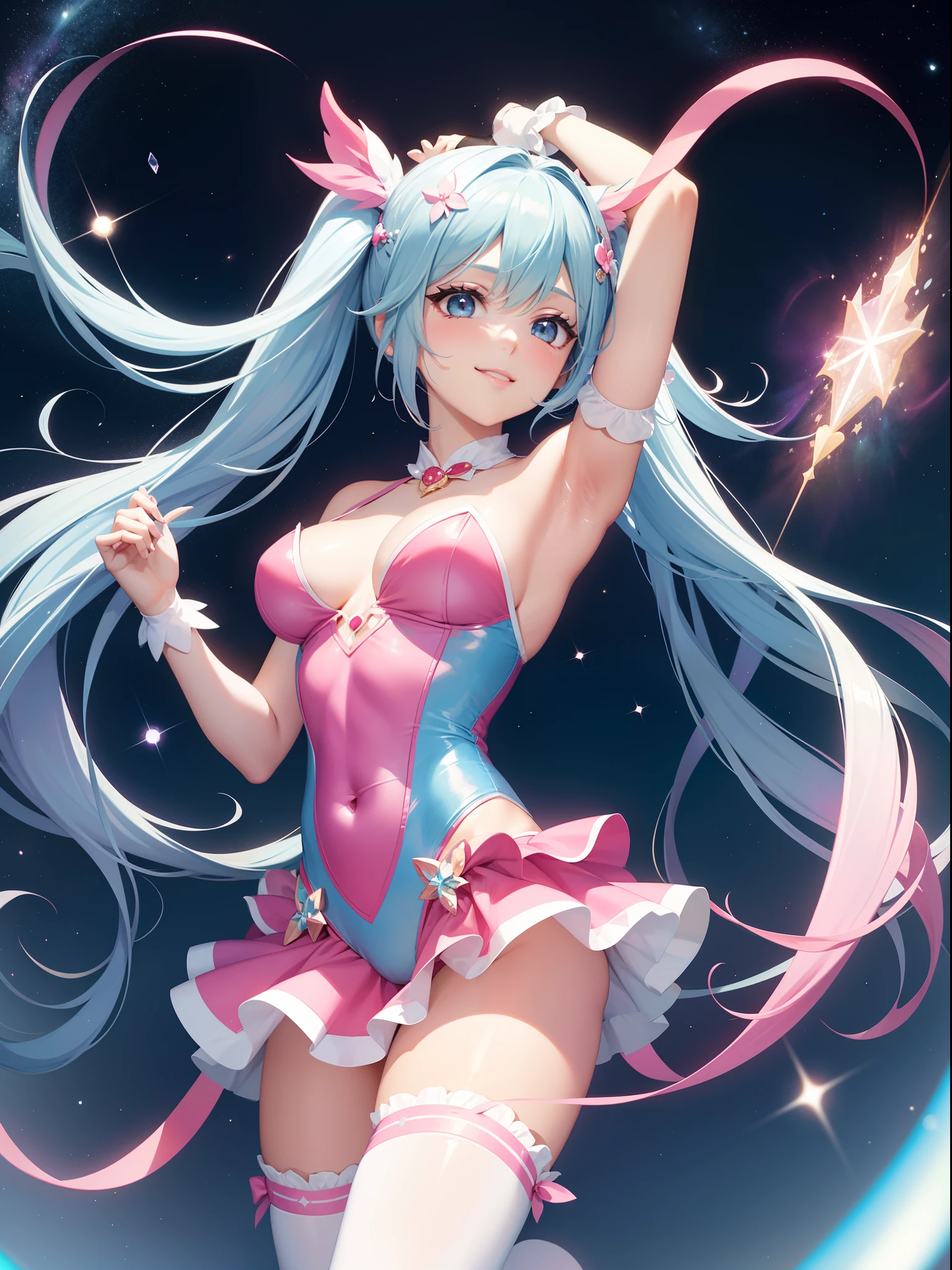 Super Idol a beauty girl A charming smile sky blue hair length hair Twin-tailed Bright pink and white leotard outfit Mystical Fantasia constellation a moon Crystal Brilliance Aurora Borealis in the Night Sky