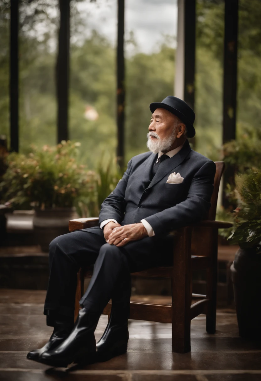 Old gentleman with a goatee，sit on chair，Black high-gloss rain boots, 8K分辨率,Wallpaper masterpiece，Best quality，Highly meticulous，Ultra high quality，The midday sun is a bit dazzling。