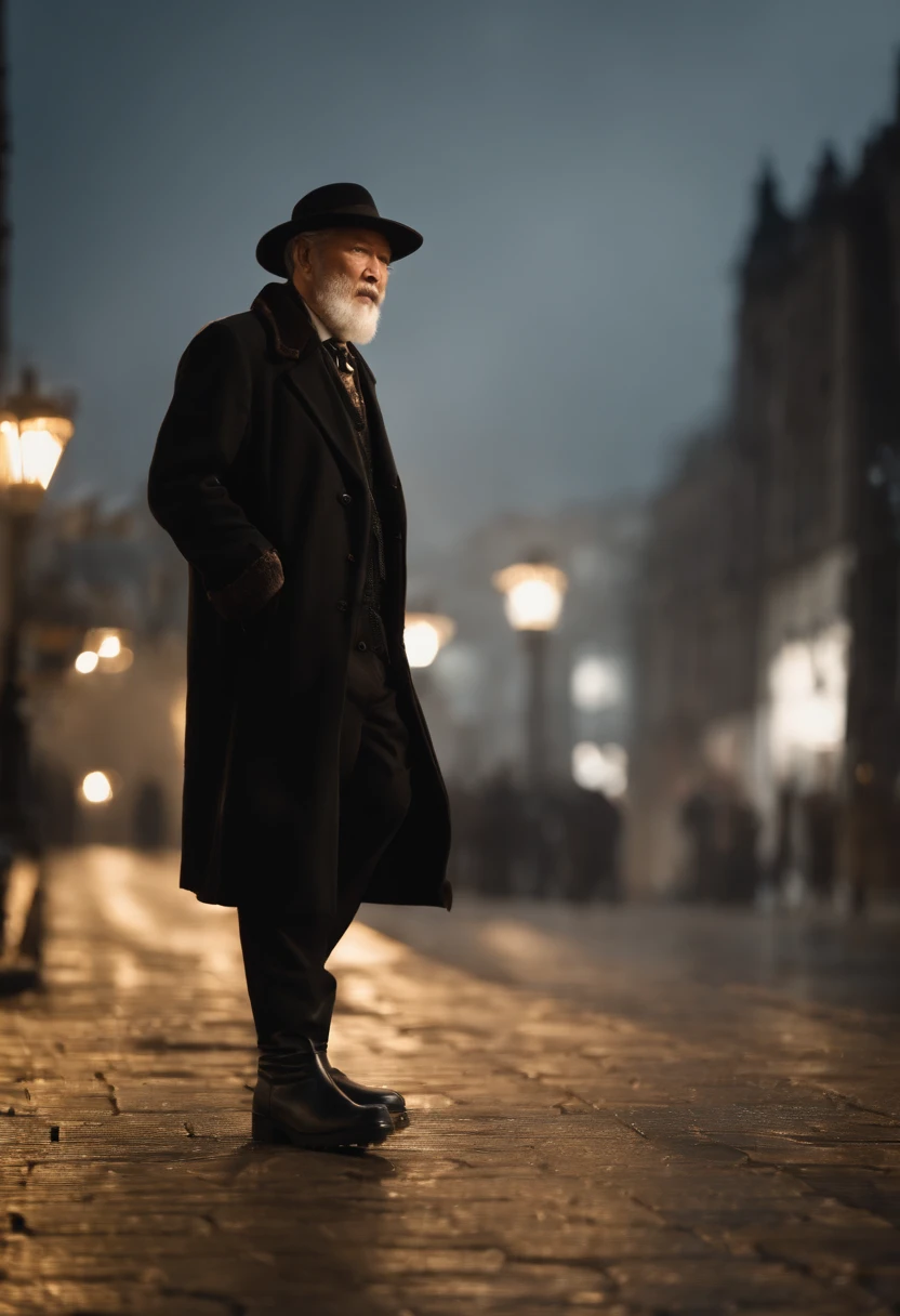 Old gentleman with a goatee,sit on chair,Black high-gloss rain boots, 8K分辨率,Wallpaper masterpiece,Best quality,Highly meticulous,Ultra high quality,The midday sun is a bit dazzling。