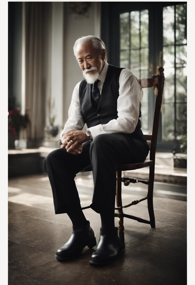 Old gentleman with a goatee,sit on chair,Black high-gloss rain boots, 8K分辨率,Wallpaper masterpiece,Best quality,Highly meticulous,Ultra high quality,The midday sun is a bit dazzling。