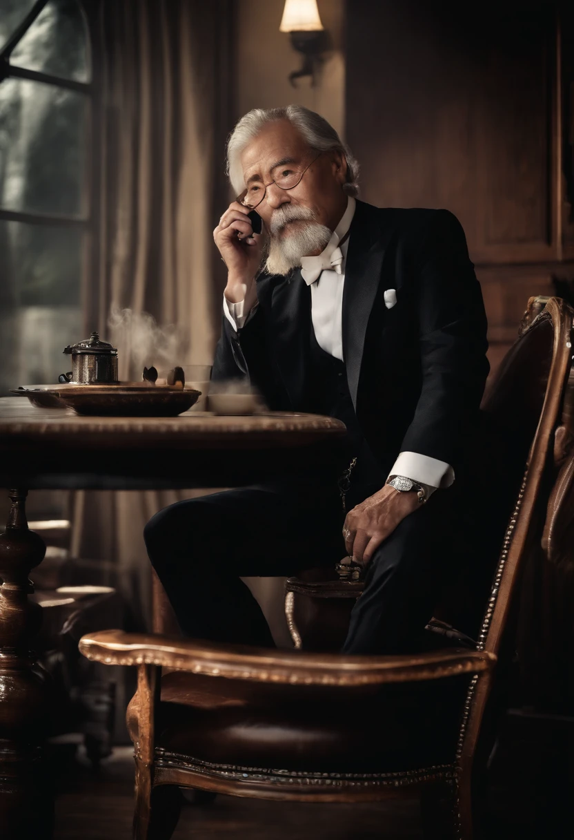 Old gentleman with a goatee,sit on chair,Black high-gloss rain boots, 8K分辨率,Wallpaper masterpiece,Best quality,Highly meticulous,Ultra high quality,The midday sun is a bit dazzling。