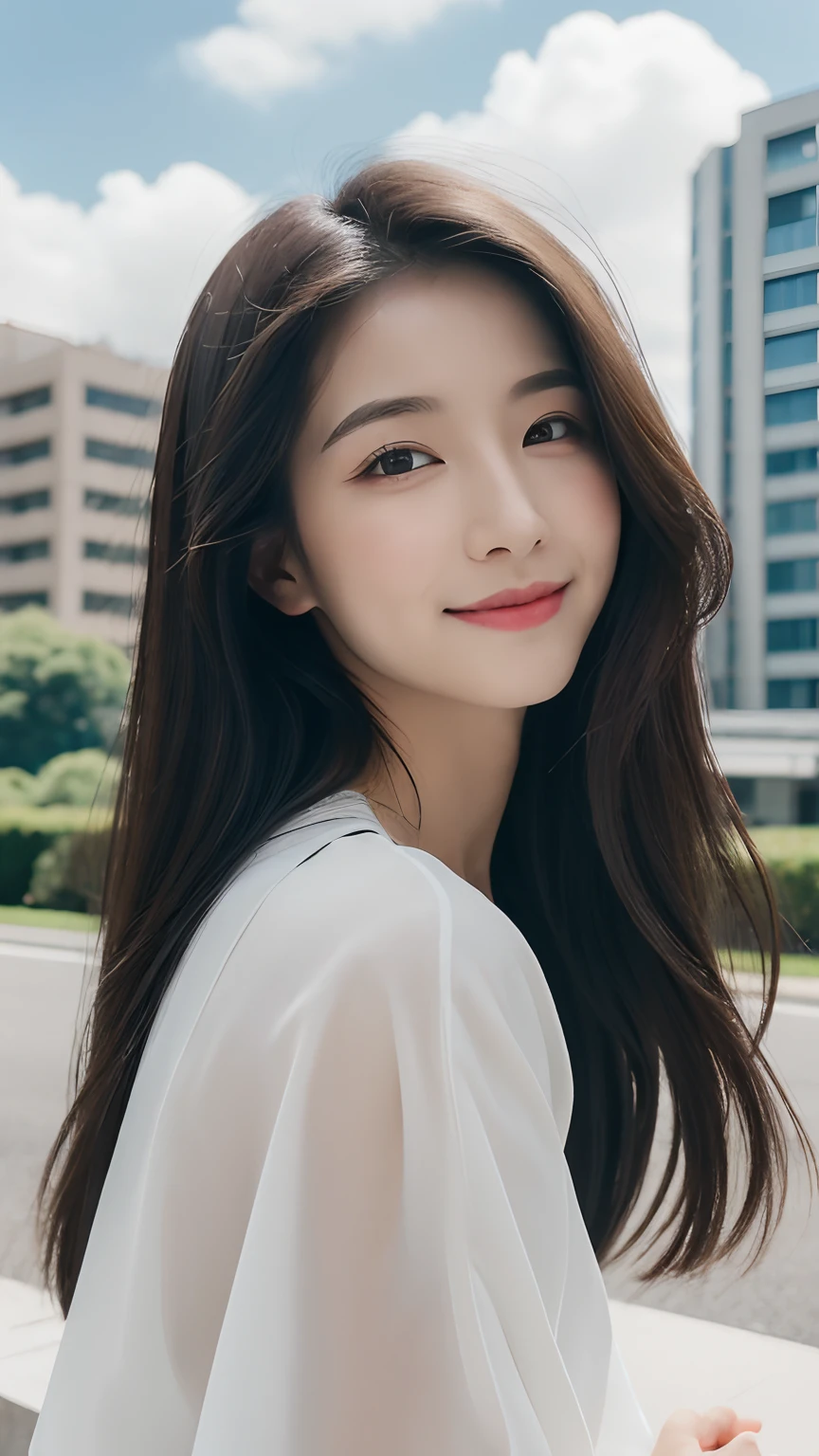 ((Best Quality, 8K, Masterpiece:1.3)), A beautiful girl, pure, melon face, gentle and cute, sweet smile, pure desire, thin figure, (frontal), (tilted head), looking directly at the camera, uniform, obi, formal, black silky long straight hair, long hair flowing over the shoulders, round black big eyes, clear big eyes, moist red lips, sweet, sitting on the side of the road, blue sky and white clouds, grass, buildings,