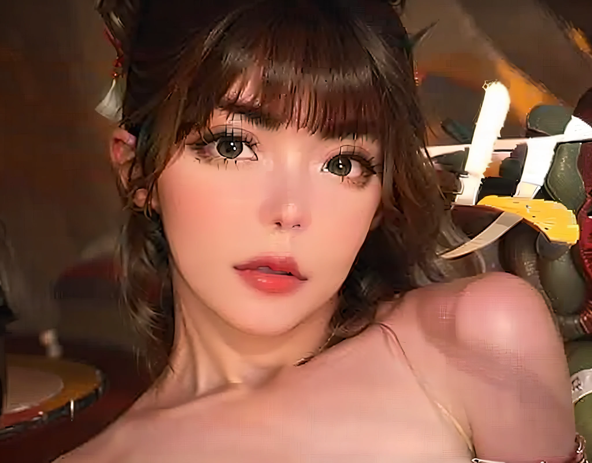 with a girl, bangs, hair between eyes, very huge breasts, chest apart,hair length, full body shot, split lips, red eyes,, simple background, solo, ,(shiny skin),(masterpiece:1.4),(highest quality:1.4),fey girl,red lips、stood up,nude,Completely naked,Curvaceous