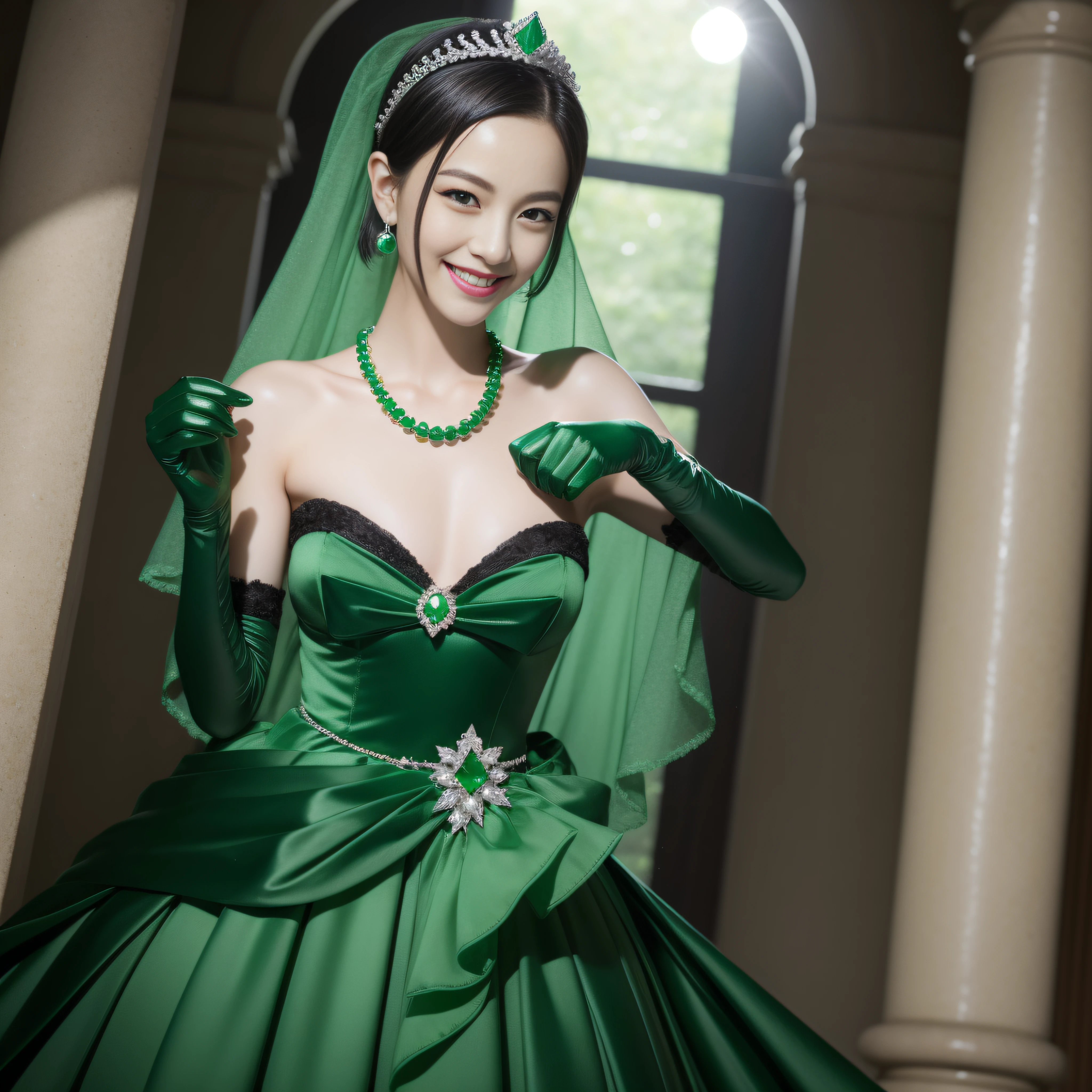 emerald tiara, Green Pearl Necklace, Boyish very short black hair, lipsticks, Japan woman smiling, Long green gloves made of satin material, very short short hair, fist, short jaw