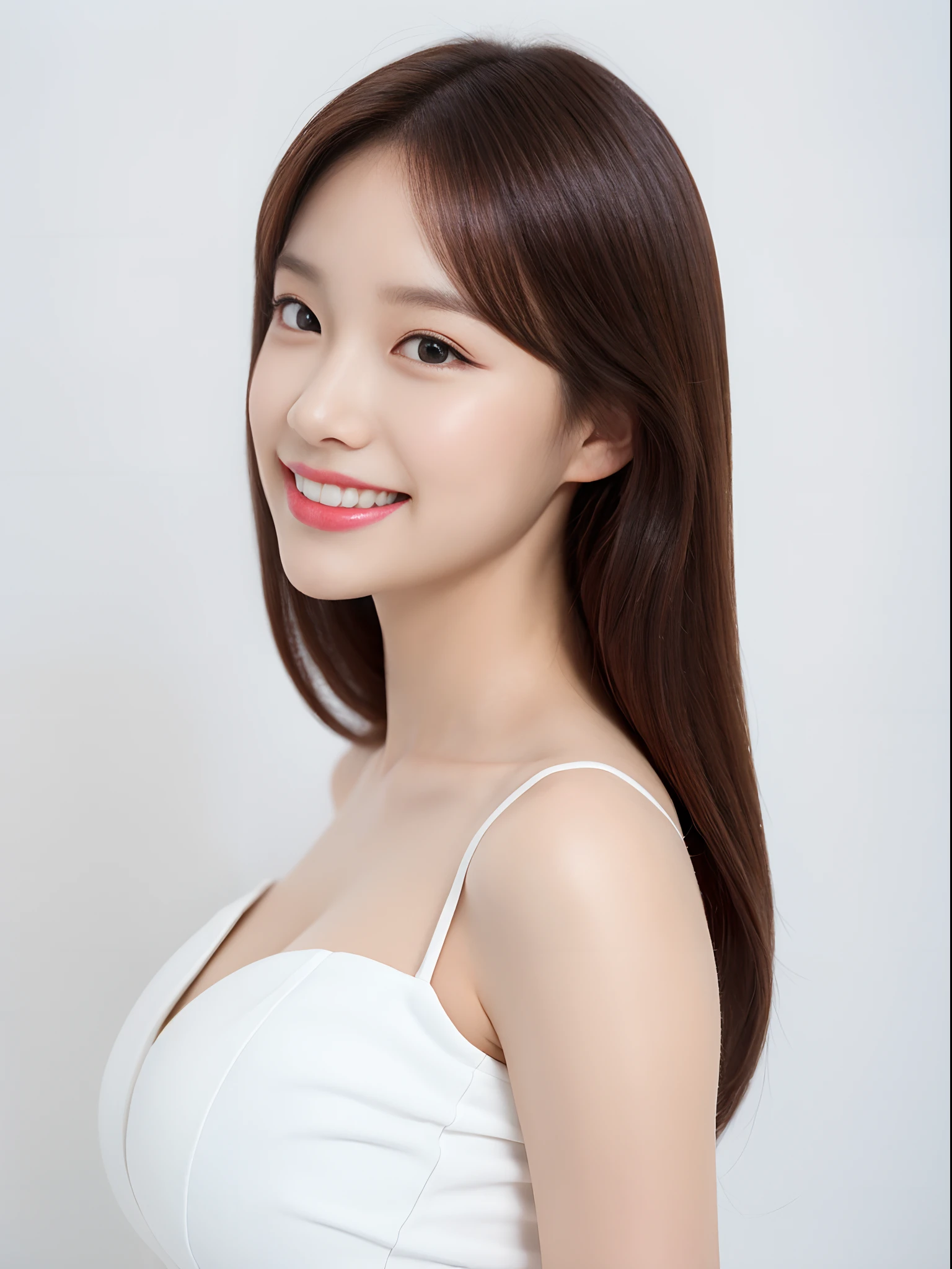 Best quality at best, ​masterpiece, 1Girl, beautifull face, (Photo Photorealistic:1.3), rim lighting, (High-detail skins:1.2), 8K UHD, DSLR, highs quality, high resolucion, 8K, Bokeh, absurderes, best ratio, (realisitic: 1.3), cute 1girl, white tea, mediuml breasts, short skirts, ((White background)), ((profile photo)), Smiling faces, Korean Idol Makeup