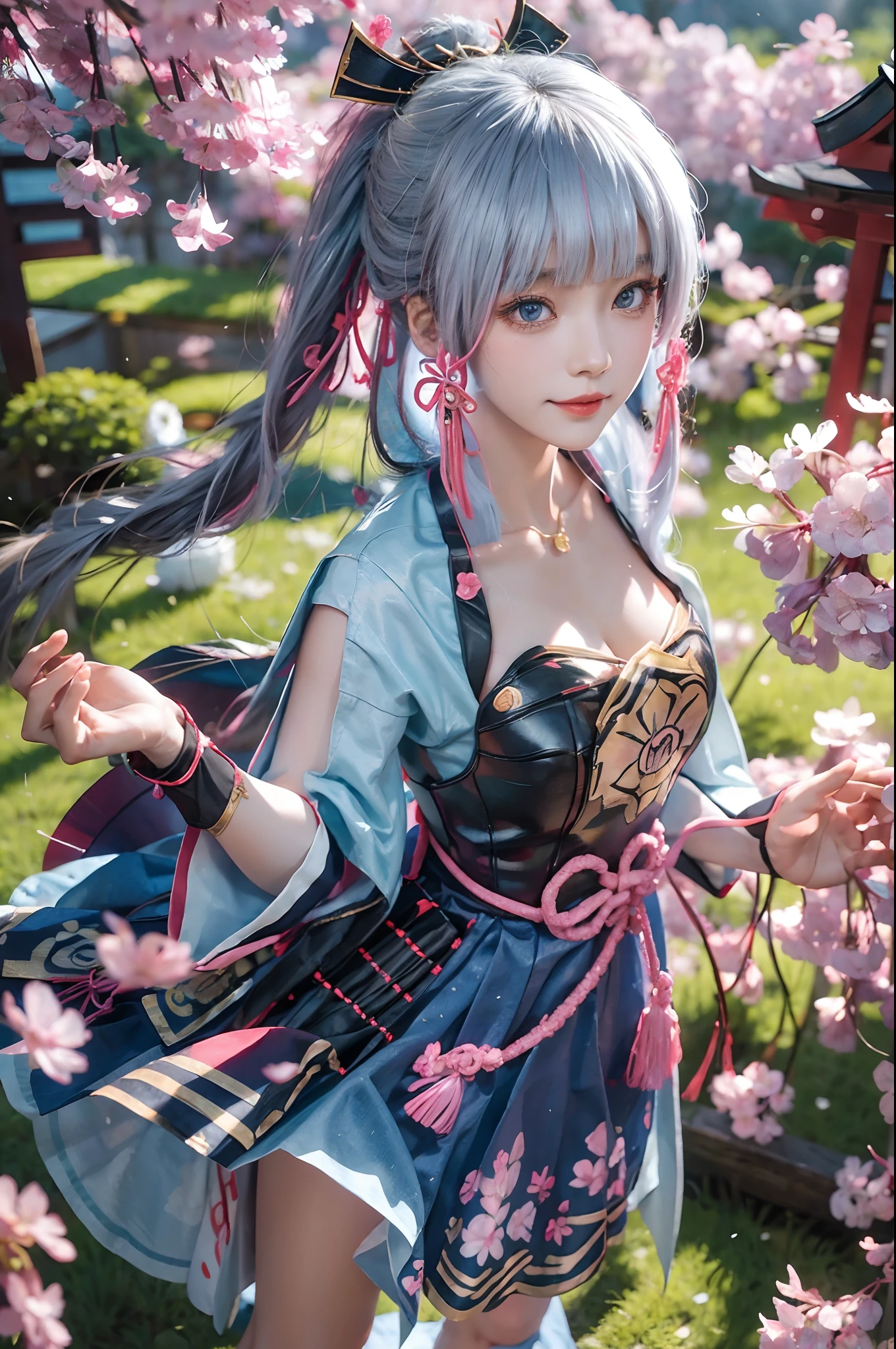 cherry blossoms, petals, flower, spring \(season\), pink flower, 1girl, falling petals, branch, hanami, breasts, petals on liquid, solo, outdoors, day, lotus, long hair, blue sky, white flower, blue eyes, architecture, east asian architecture, looking at viewer, tree, sky, standing, bangs, smile, collarbone, hair ornament, dress, cleavage, daisy, flower field, lily \(flower\), eyebrows visible through hair, building, tassel, blush, pagoda, bridge, chinese clothes, hydrangea