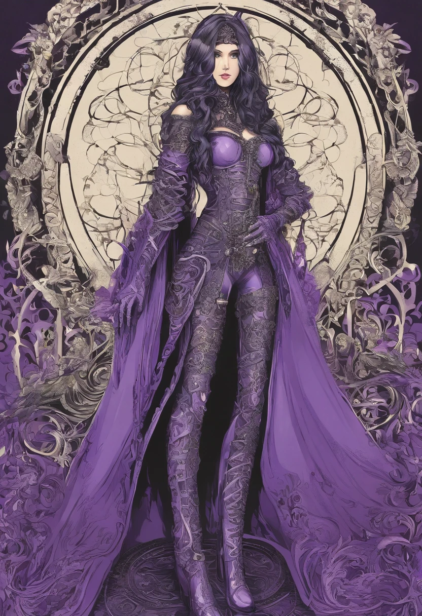 Mujer demonio, extraterrestre, 25 years physically, dos cuernos arqueados al rededor en forma de corona, cabello largo lila, mujer hermosa, piel palida. Ojos brillantes con blancos de color cereza, sin iris y con pupila ovaladas. labios pintados de color morado. Armadura negra gotica con forma de roca, Black boots with rock-shaped protection, Guantes negros. sonrisa arrogante.