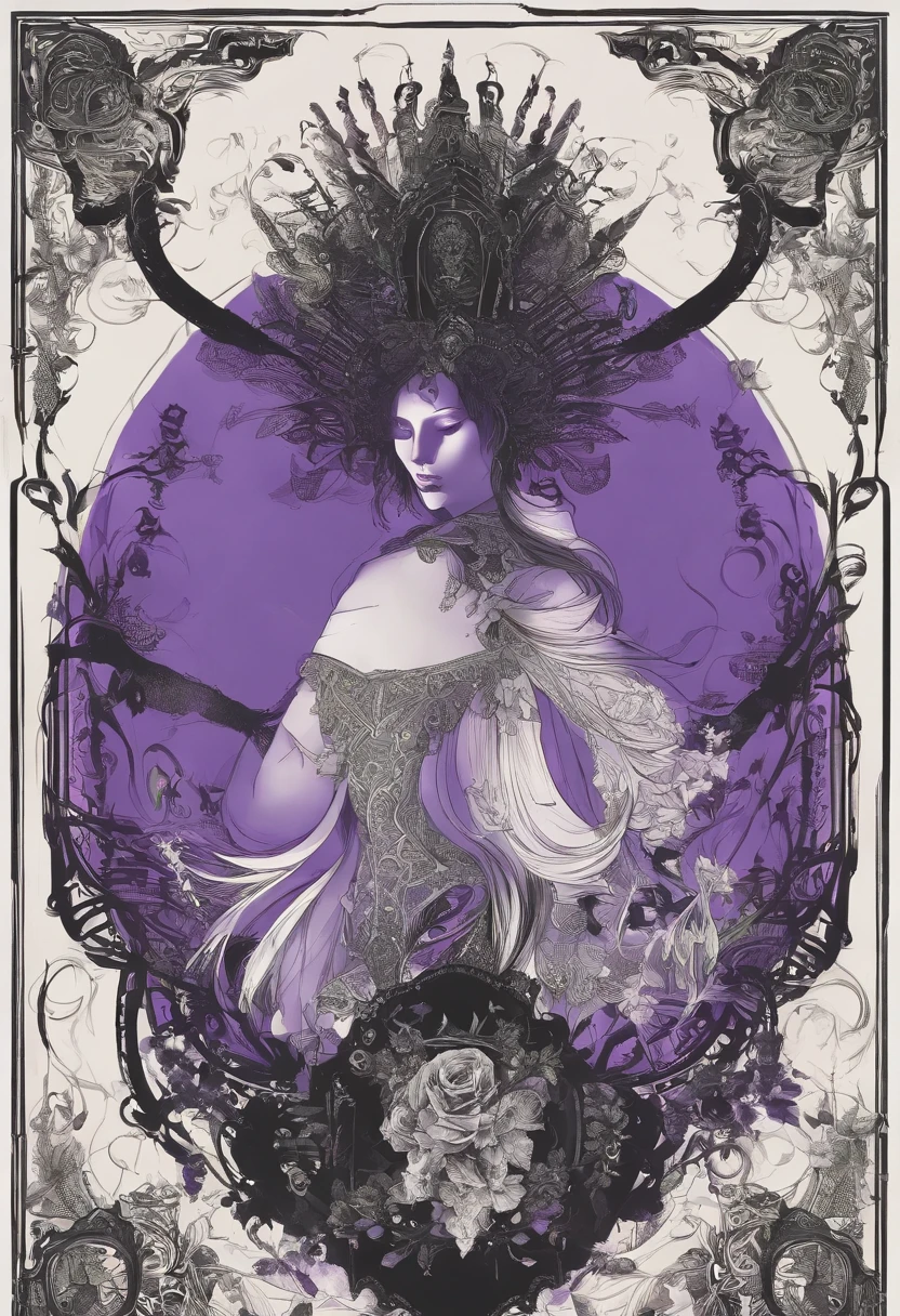 Mujer demonio, extraterrestre, 25 years physically, dos cuernos arqueados al rededor en forma de corona, cabello largo lila, mujer hermosa, piel palida. Ojos brillantes con blancos de color cereza, sin iris y con pupila ovaladas. labios pintados de color morado. Armadura negra gotica con forma de roca, Black boots with rock-shaped protection, Guantes negros. sonrisa arrogante.