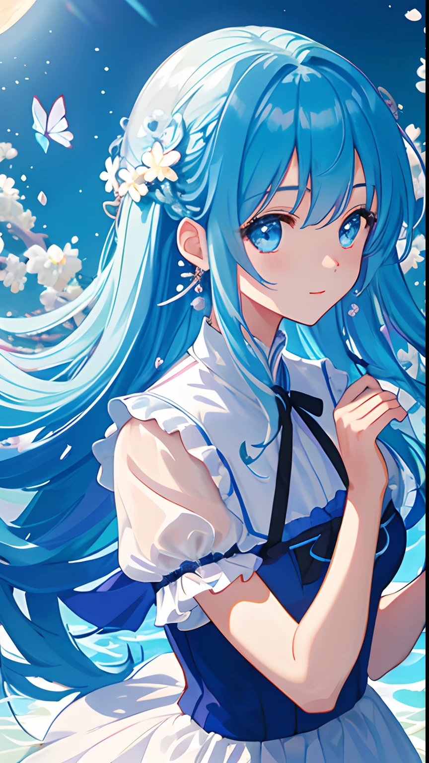 (masterpiece)、(best qualtiy)、(ultra-detailliert)、(dishevled hair)、(illustratio)、(1 girl in)、(Fashionable clothes)、is standing、fashion modell、see the beholder、(interview)、(simple background)、Fine and beautiful eyes、Delicate beautiful face、Planktonic、(a high chroma)、(colorful water splash)、colorful bubble、(brilliance)、focus on face、poneyTail、Kamisato colorful flowers、lightblue hair、bangss、hair rings、Floating flowers、Floating hairs、(SHINES)、The best lighting、Best Shadows、A blue butterfly in the upper left corner of the screen々、Dim moon on background、ssmile