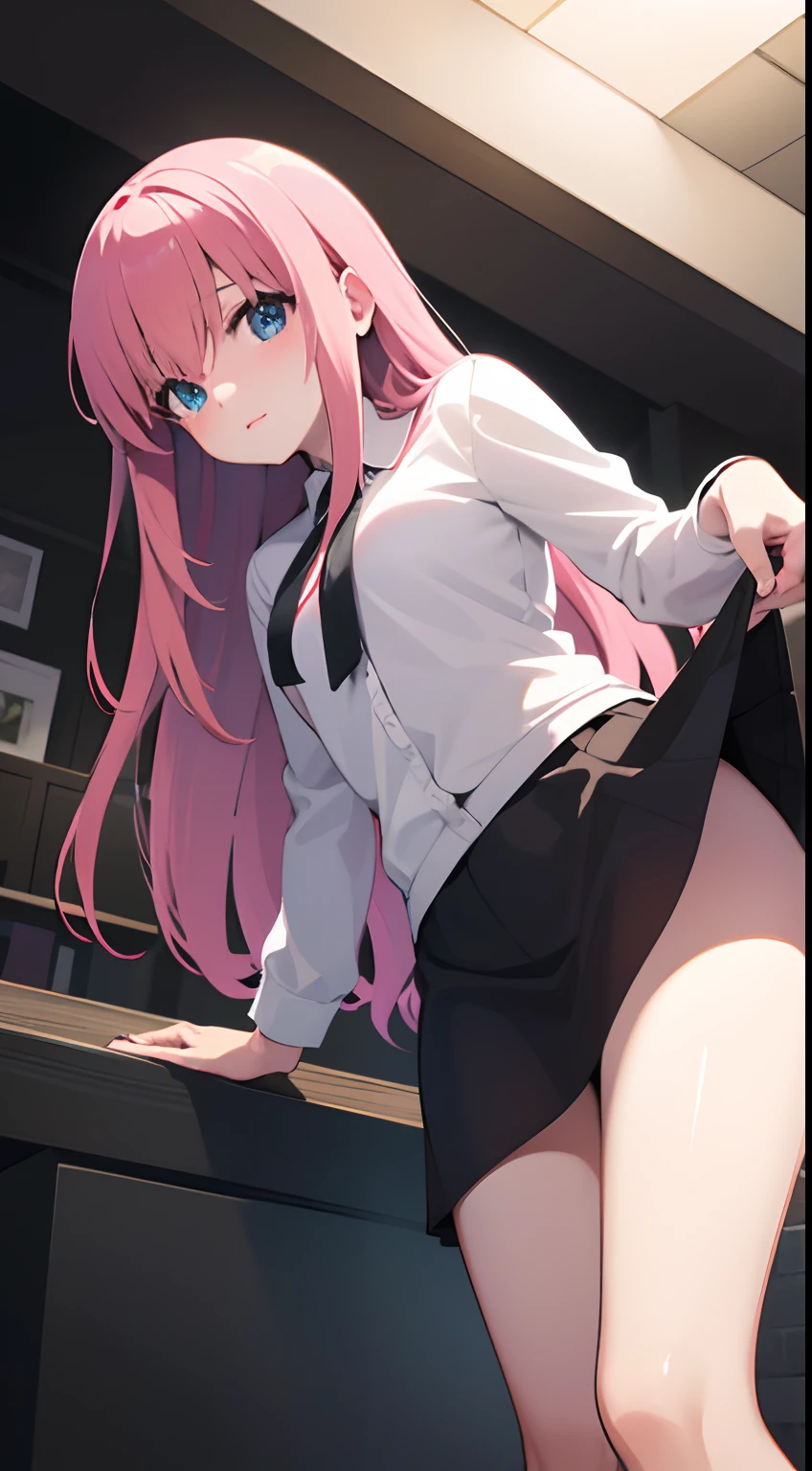 master piece, best quality, low angle shot, dutch angle shot, from below, looking down at viewer, thighs focus, 1 woman, aroused, pink long hair, skirt lift
