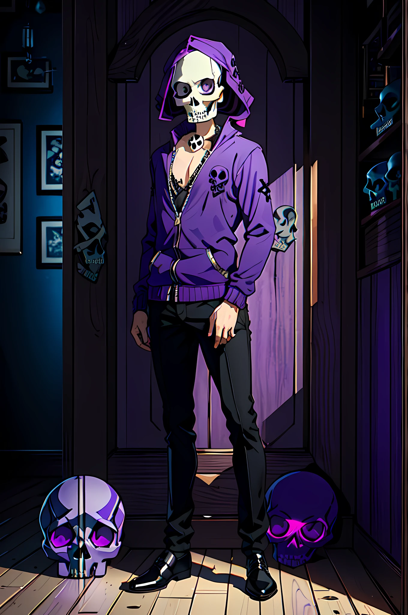 best quality,masterpiece,original,extremely detailed wallpaper,looking at viewer,solo,(purple skull:1.5),full body,standing,