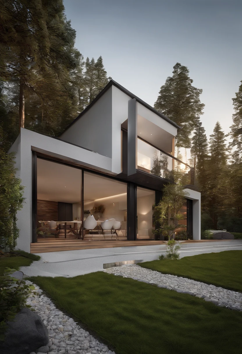 RAW photo,Masterpiece, high quality, best quality, authentic, super detail, exterior, outdoors, kza house, nordic house located in the city,( in front is a river:1.1), and a walkway on both sides ,( white wall:1.4), glass windows, (gray roof:1.1), forest, trees, beautiful sky, grass, stone promenade, elevation view (day:1.1), vivid colour, vray, (sunlight:1.1),1st floor granite, black door frame, flower bed in front of the house, 
1-storey house