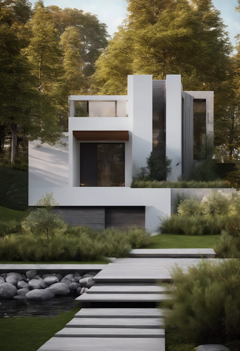 RAW photo,Masterpiece, high quality, best quality, authentic, super detail, exterior, outdoors, kza house, nordic house located in the city,( in front is a river:1.1), and a walkway on both sides ,( white wall:1.4), glass windows, (gray roof:1.1), forest, trees, beautiful sky, grass, stone promenade, elevation view (day:1.1), vivid colour, vray, (sunlight:1.1),1st floor granite, black door frame, flower bed in front of the house,
1-storey house