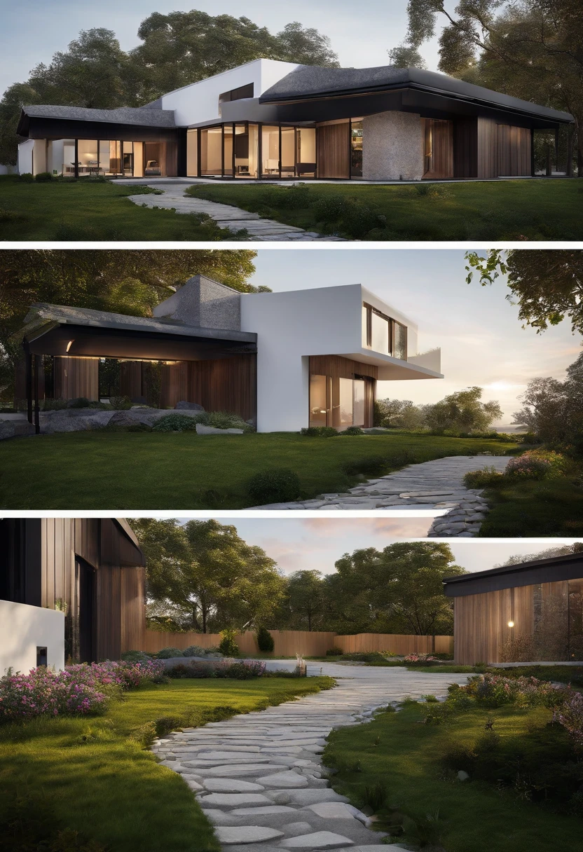 RAW photo,Masterpiece, high quality, best quality, authentic, super detail, exterior, outdoors, kza house, nordic house located in the city,( in front is a river:1.1), and a walkway on both sides ,( white wall:1.4), glass windows, (gray roof:1.1), forest, trees, beautiful sky, grass, stone promenade, elevation view (day:1.1), vivid colour, vray, (sunlight:1.1),1st floor granite, black door frame, flower bed in front of the house, 
1-storey house