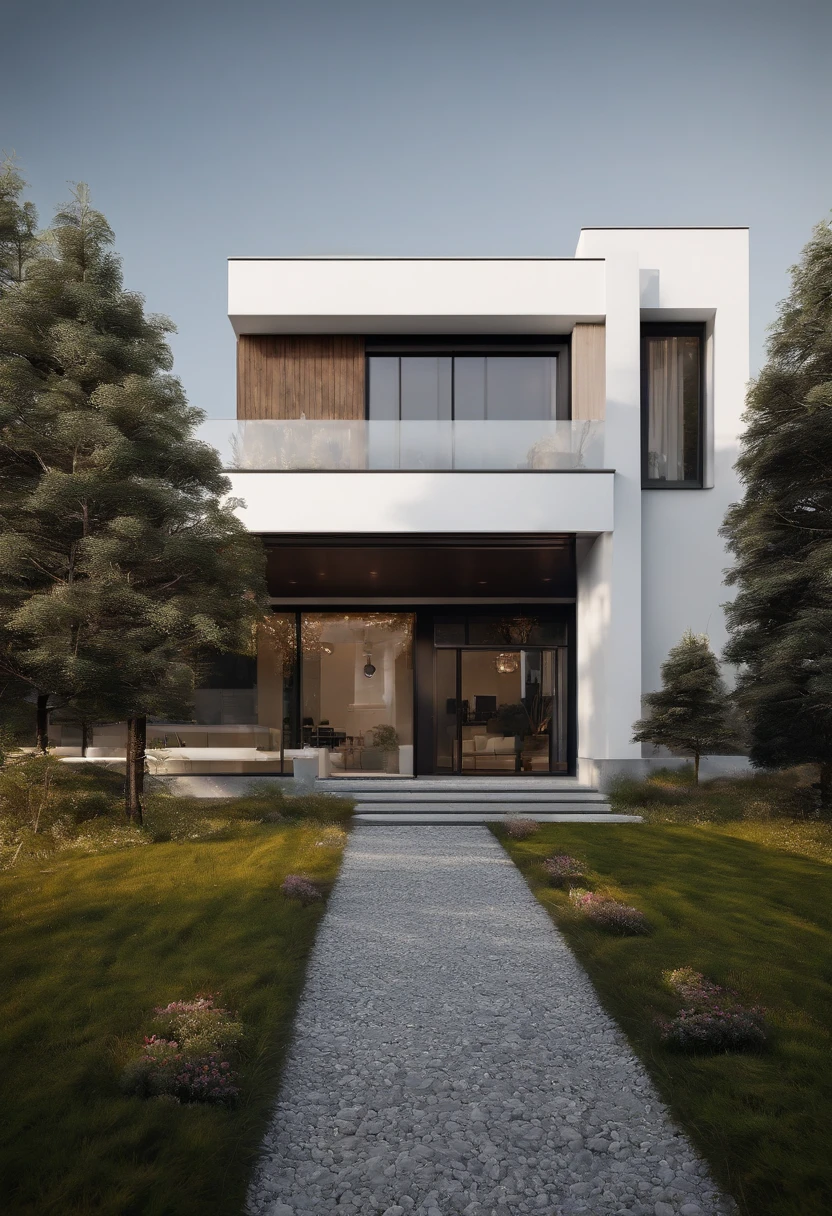 RAW photo,Masterpiece, high quality, best quality, authentic, super detail, exterior, outdoors, kza house, nordic house located in the city,( in front is a river:1.1), and a walkway on both sides ,( white wall:1.4), glass windows, (gray roof:1.1), forest, trees, beautiful sky, grass, stone promenade, elevation view (day:1.1), vivid colour, vray, (sunlight:1.1),1st floor granite, black door frame, flower bed in front of the house, 
1-storey house