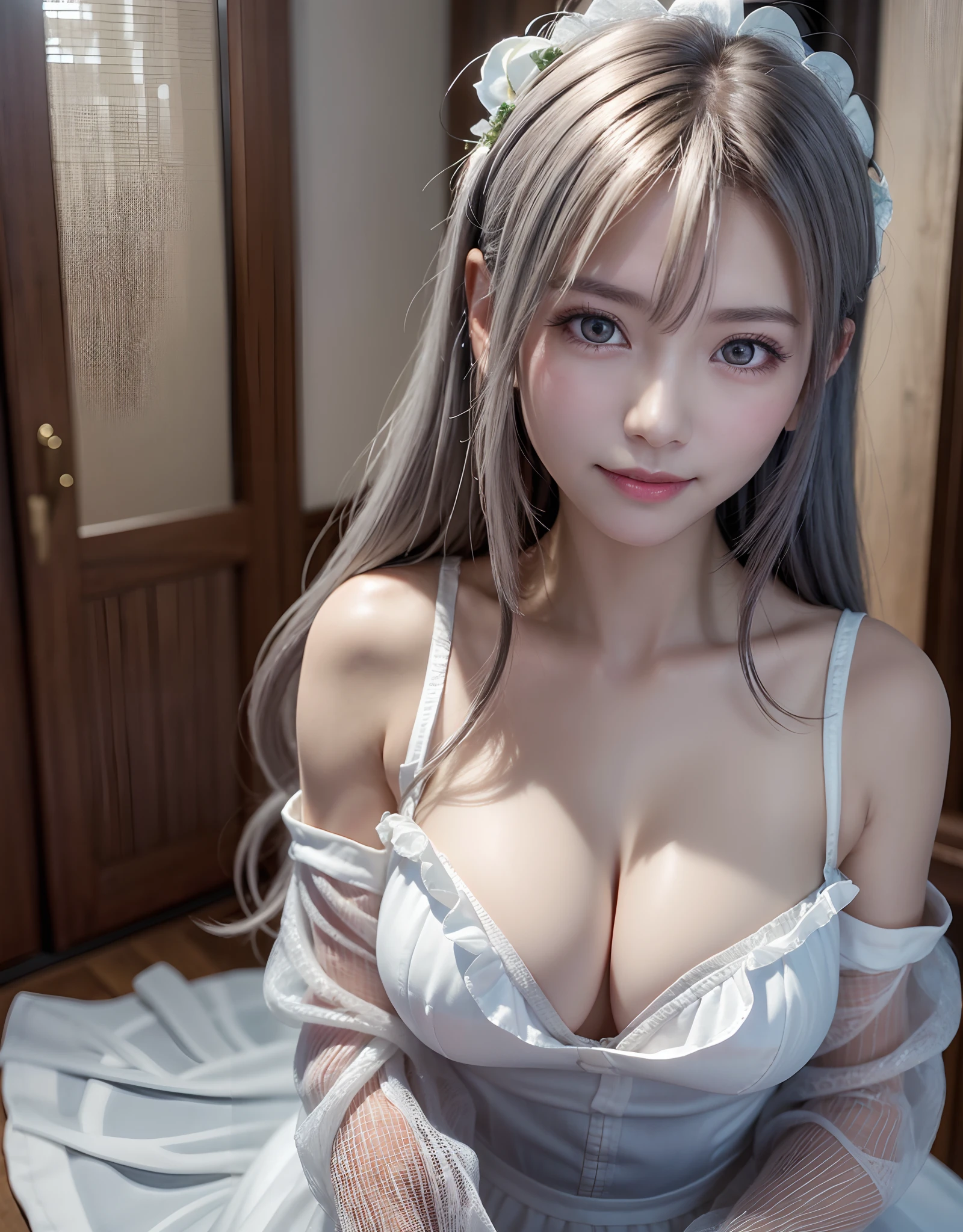 top-quality、8K Masterpiece、超A high resolution、(Photorealsitic:1.3)、Raw photo、女の子1人、silver white hair、glowy skin、maid clothes、((super realistic details))、portlate、globalillumination、Shadow、octan render、in 8K、ultrasharp、Beautiful breasts、highly intricate detail、Realistic light、CGSoation Trends、beautidful eyes、radiant eyes、Facing the camera、Spiteful smile