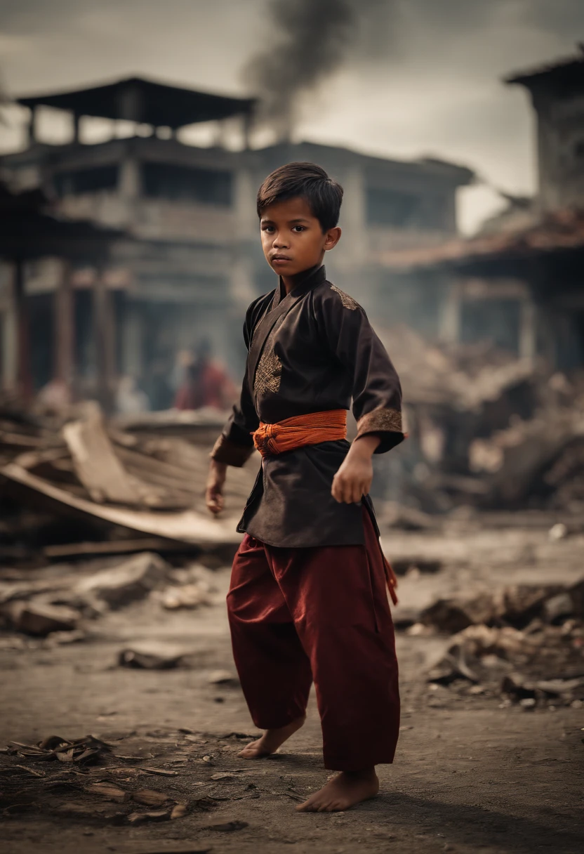 A malay boy wearing malay traditional outfit performing silat martial arts in a demolish city, post war city background, smoke,
