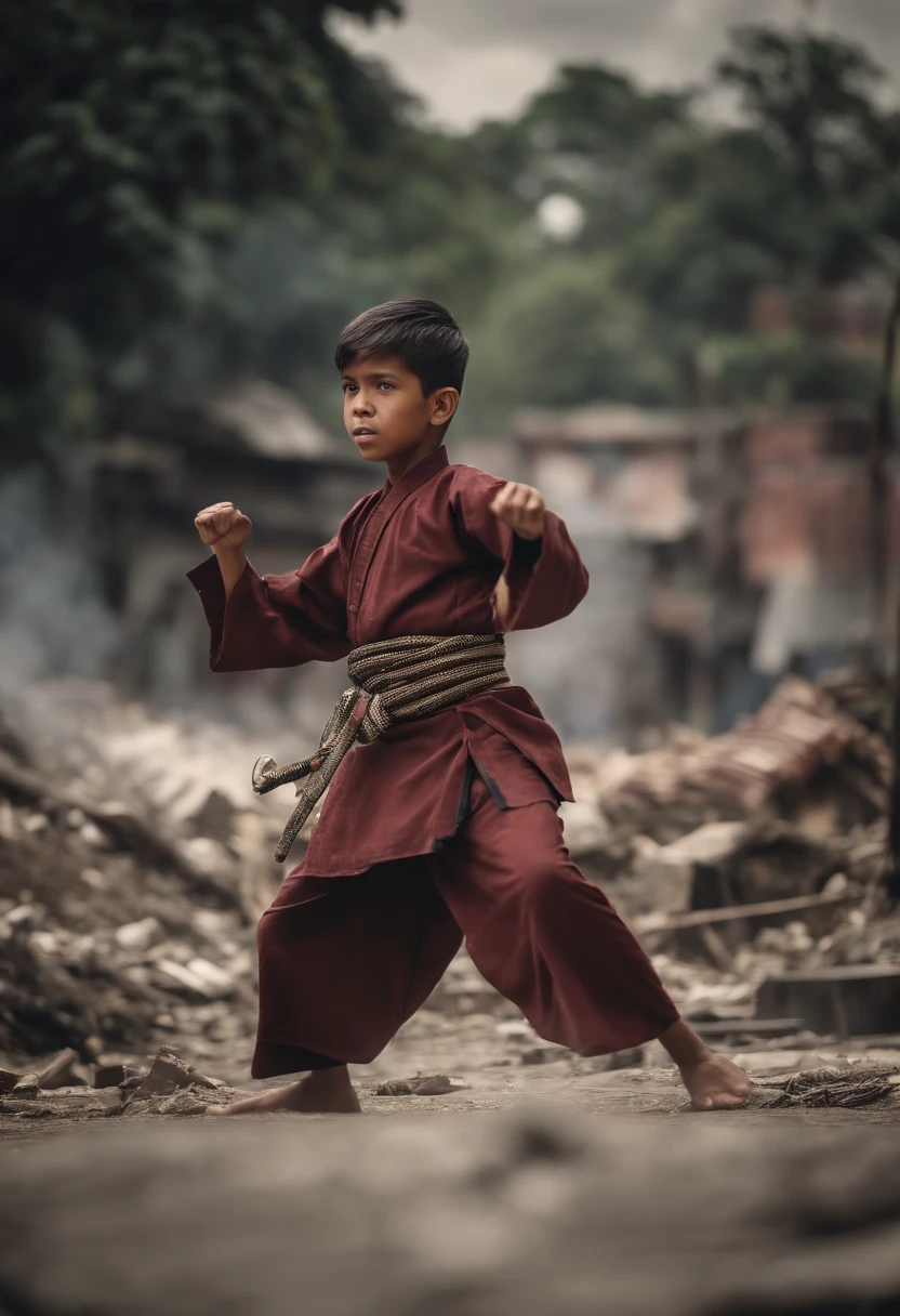 A malay boy wearing malay traditional outfit performing silat martial arts in a demolish city, post war city background, smoke,