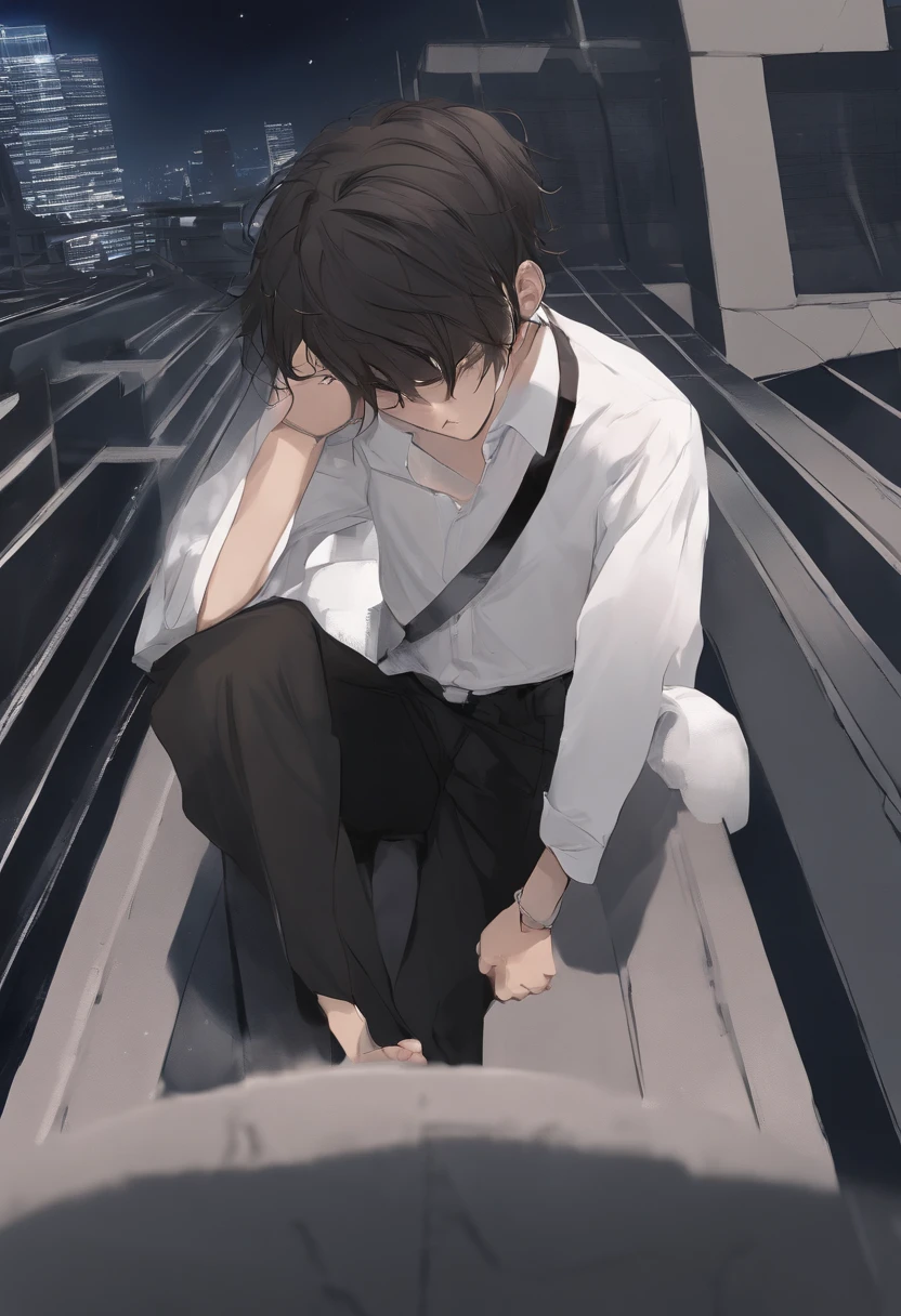 A long-haired boy who fell from a building,Front full body image,wearing a white shirt and shorts,The expression was sad, and tears flew out,Two-dimensional boys,Black colored eyes,The background is the city at night,Modern high-rise buildings around