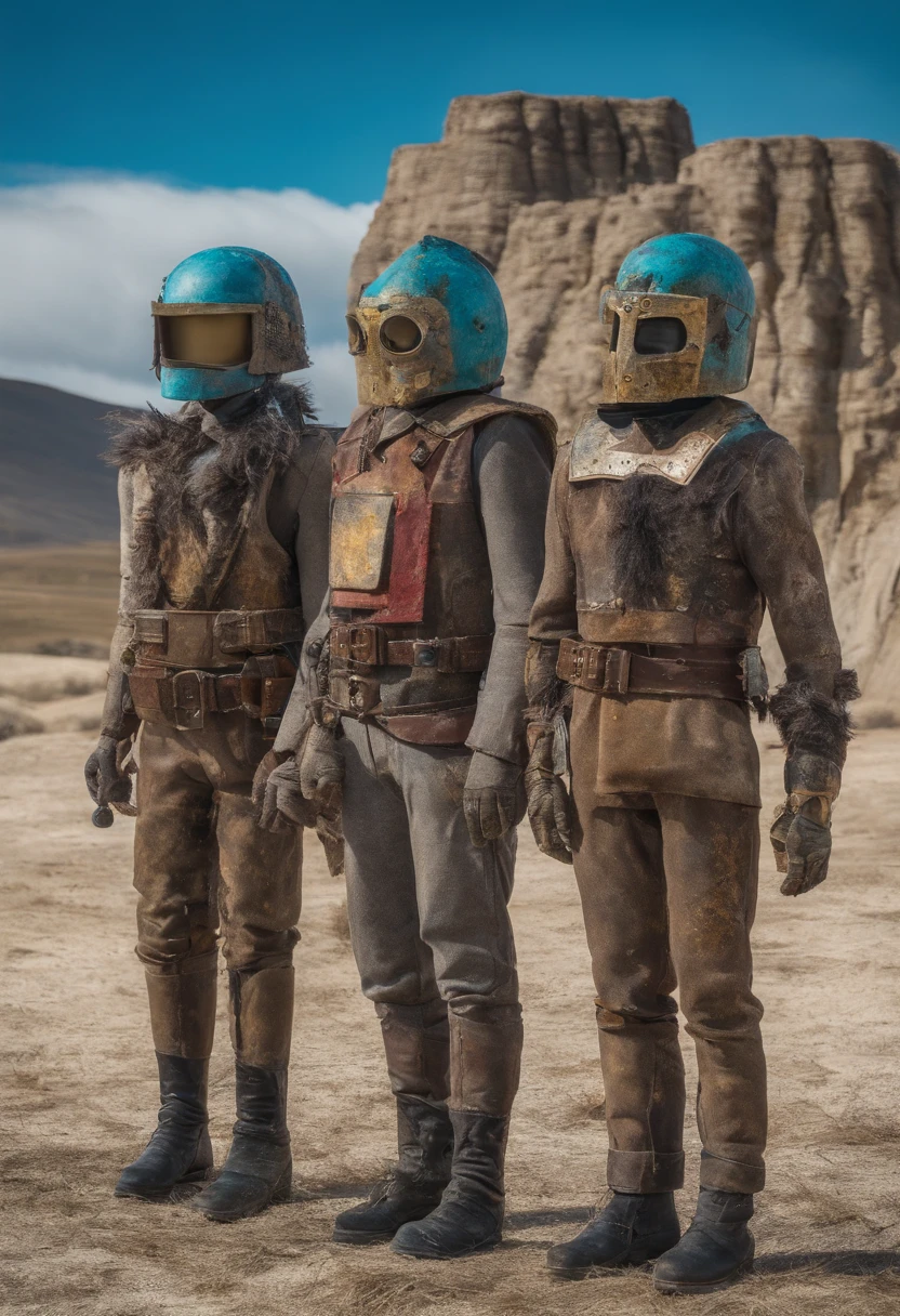 There were four people wearing helmets standing in a row, cyber steampunk 8 k 3 d, television screenshot, Series V, mugshot, Anthropomorphic machines, standing in wasteland, wales, promotional shot