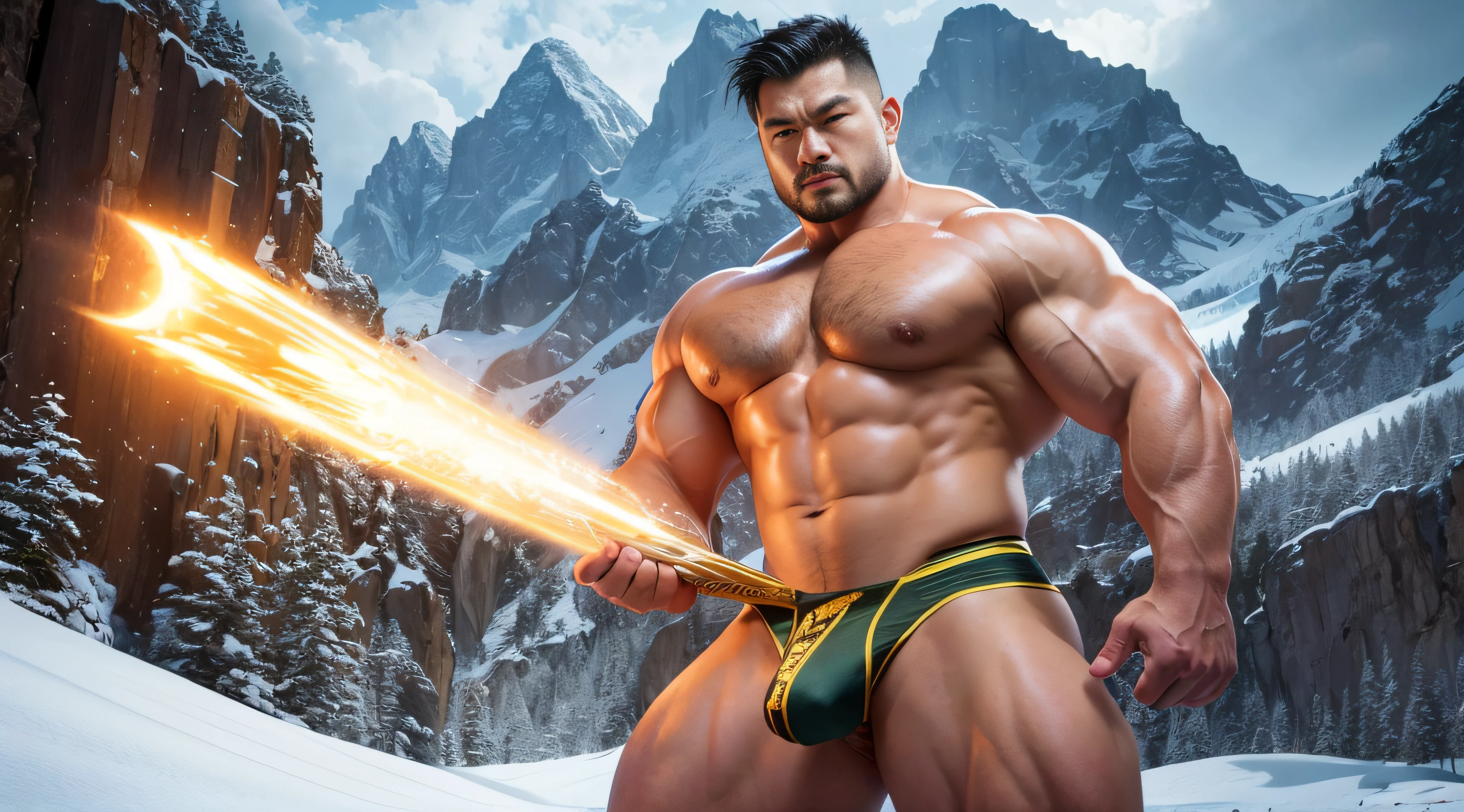 Very handsome,Chinese Thor,standing in the snowy mountain,short detailed hair,short mustache,Wear bright gold thongs,Perfect figure with tattoos, Very huge and strong body, Bulging muscles, musculous, Very large pectoral muscles,Very sexy abs,The legs are muscular,Tall and mighty,Exposed Body,Wear bright gold thongs,Tall and burly,toned figure,Huge raised genital area,Brightens oily skin,Muscular,hulk body type,photo hyper realistic, artsy photography, oil on the canvas, hyper HD, 32K, super sharp focus,