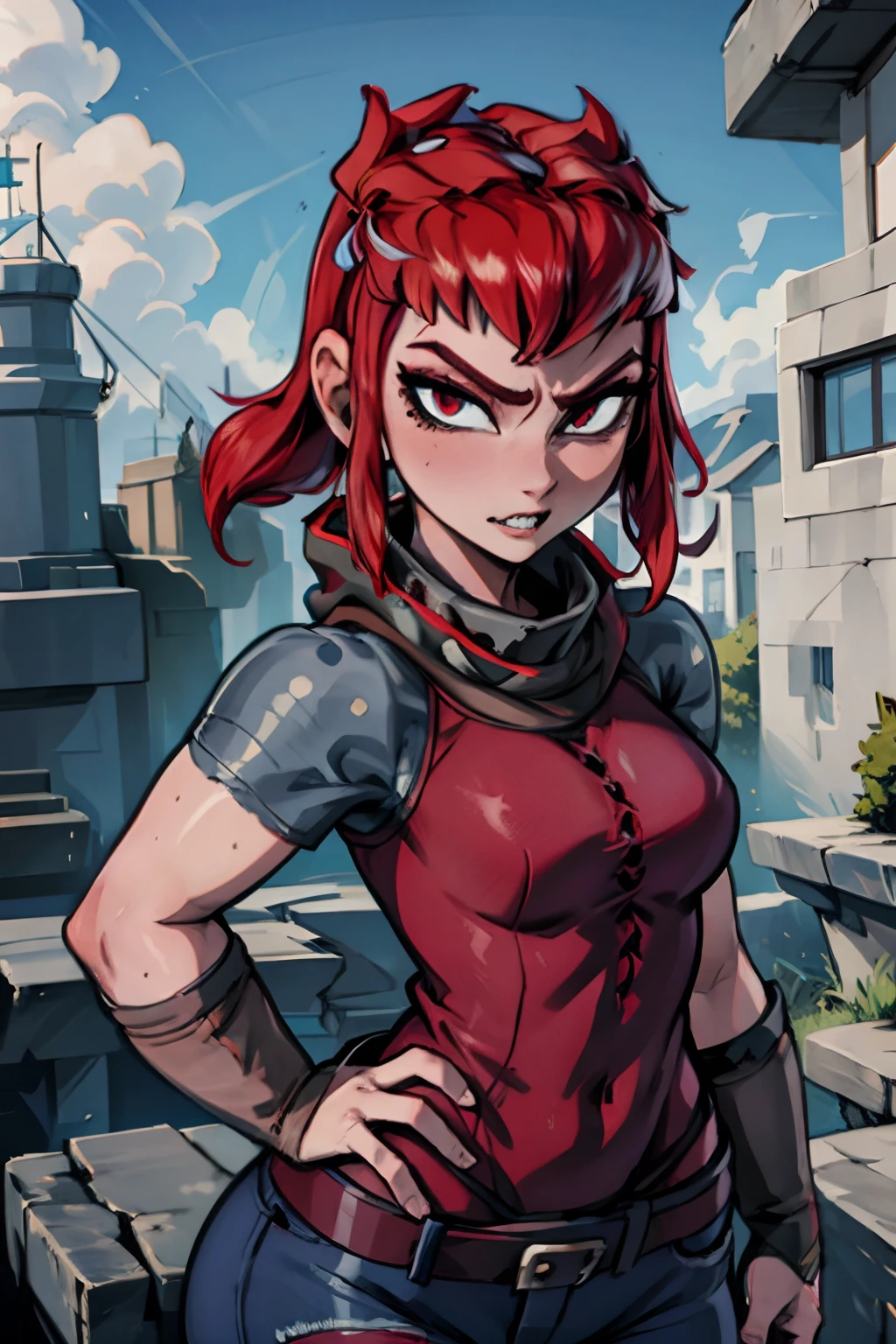 nimona, (best quality), masterpiece, , 1girl ,solo, looking at viewer, red hair, sharp teeth , sfw, black hoodie, blue jeans, bandana,