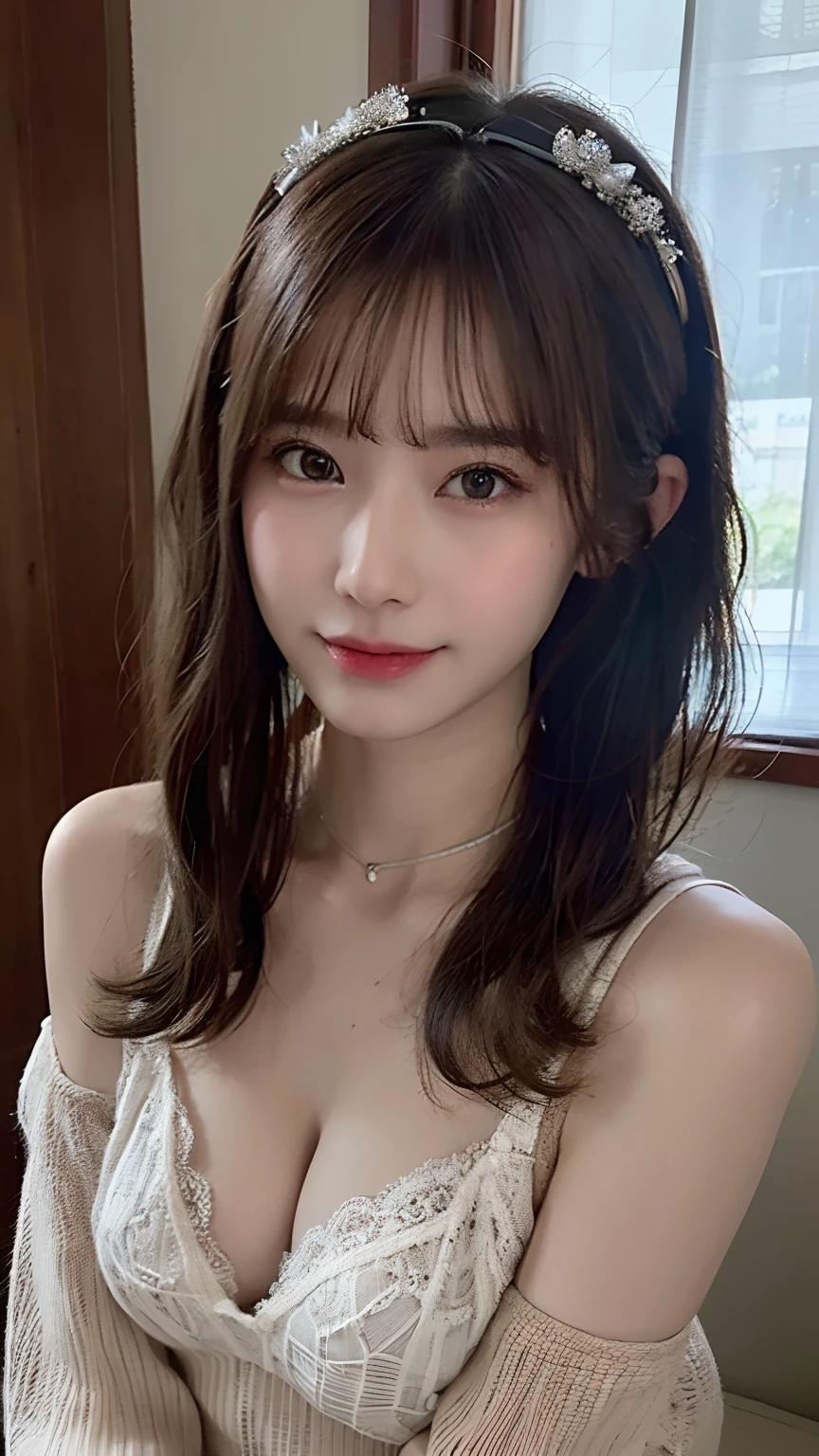 (masterpiece:1.3), (8K, Photorealsitic, Raw photography, Top image quality: 1.4), Japan high school girls、(Random hairstyles:1.2)、cleavage of the breast、(small tits:1.3)、Super Detail Face、Eye of Detail、二重まぶた、foco nítido:1.2、prety woman:1.4、light brown hair、top-quality、masterpiece、超A high resolution、(Photorealsitic:1.4)、very detailed and professional lighting、I'm wearing a shawl、Shoulder out、slender、A smile、cowboy shot、((no brassiere))、Sit down and put your hands in front of you、thigh visible、(My clothes are big and slippery.)、Detailed areola depiction、Cat ear headband、Black lace choker
