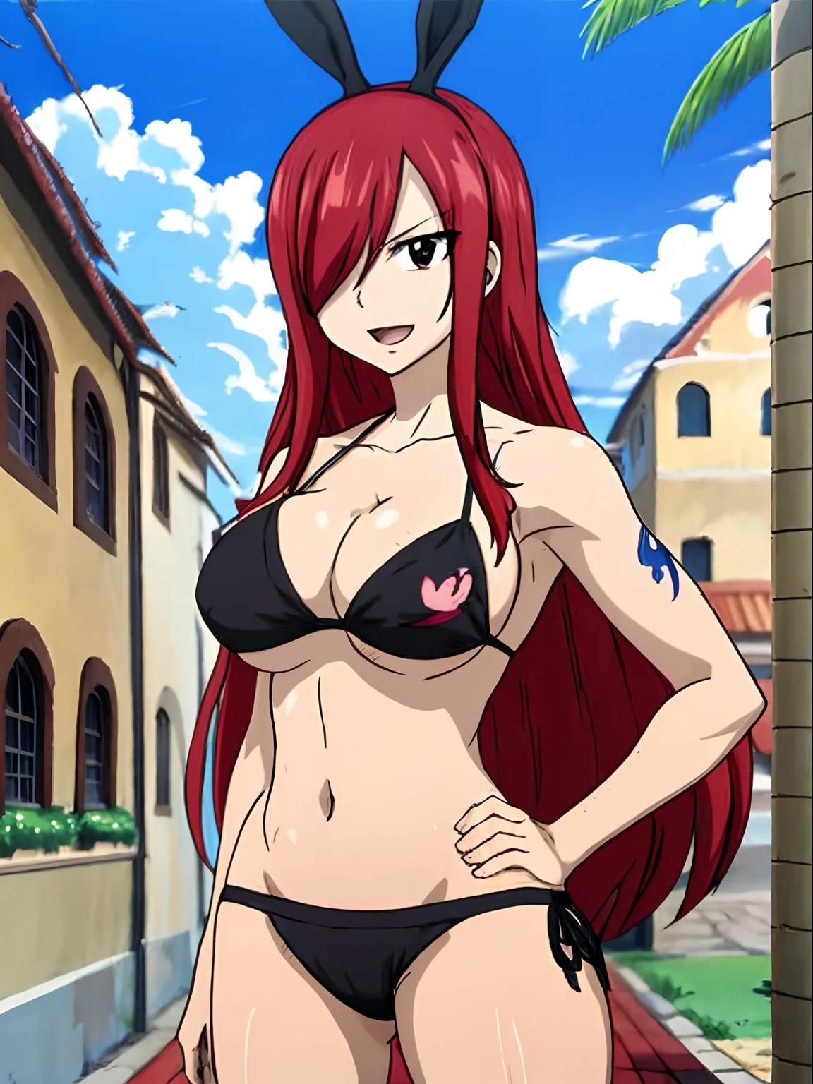 masterpiece, anime style, beach, best quality, highres, fairy tail, 1girl, long hair, reddish hair, (bang cover one eye, one hidden eye, brown eye), large breasts, collarbone, midriff, standing, outdoors, smile, open mouth, emo hair, thick arms, broad shoulders, mature woman, (tall), wide shoulders, long belly, hands on hips, strong arms, ultra detailed arms, (black bunny bikini)