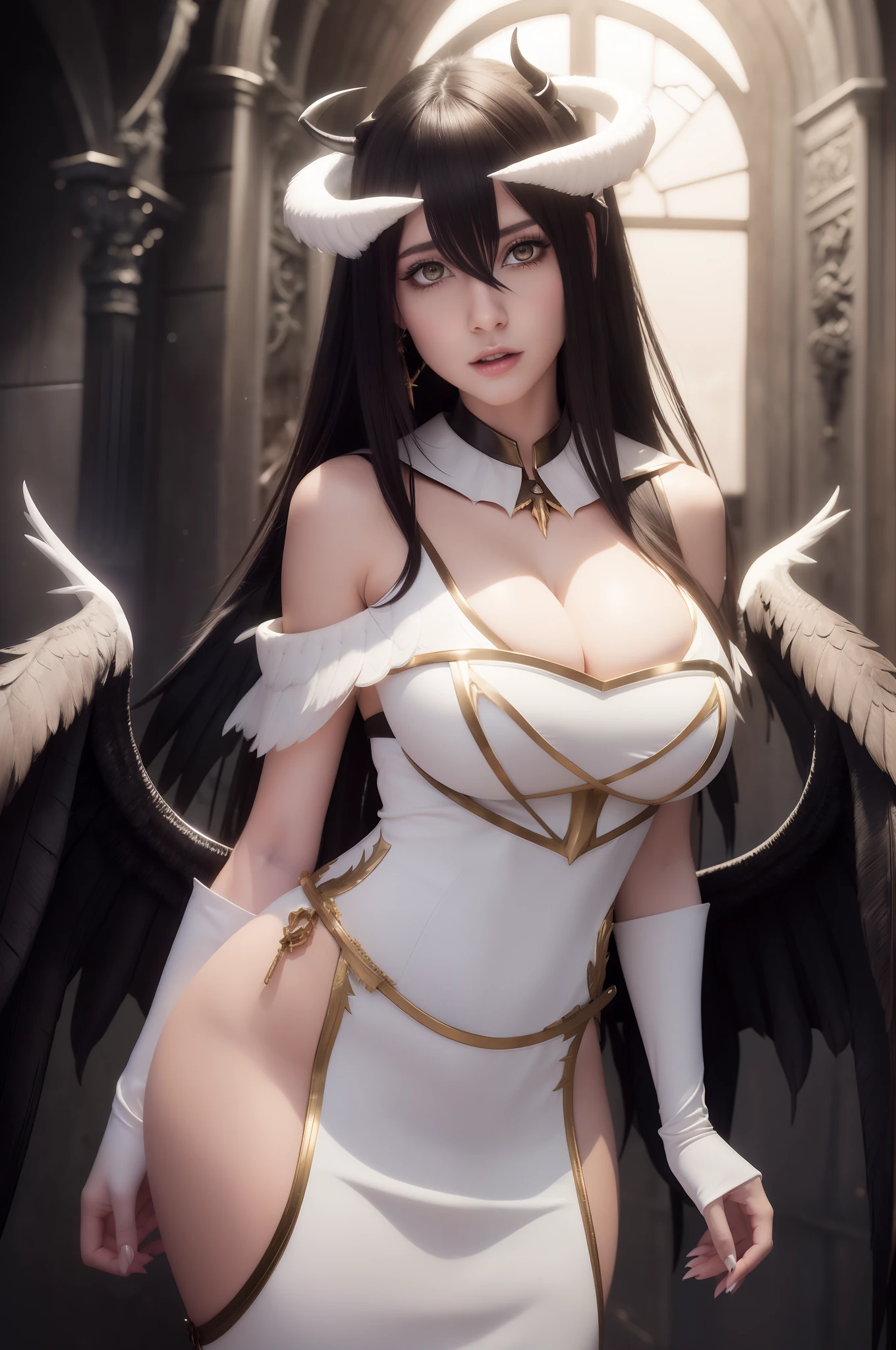 1girl Albedo, best quality, high res, hyper realistis, ultra detail, demon horn, yellow eyes, dragon pupils, big boobs, white gloves, white dress, bare shoulders, detached collar, cleavage, black wings, feathered wings, low wings, cowboy shot, standing, smile, dungeon, evil smile,